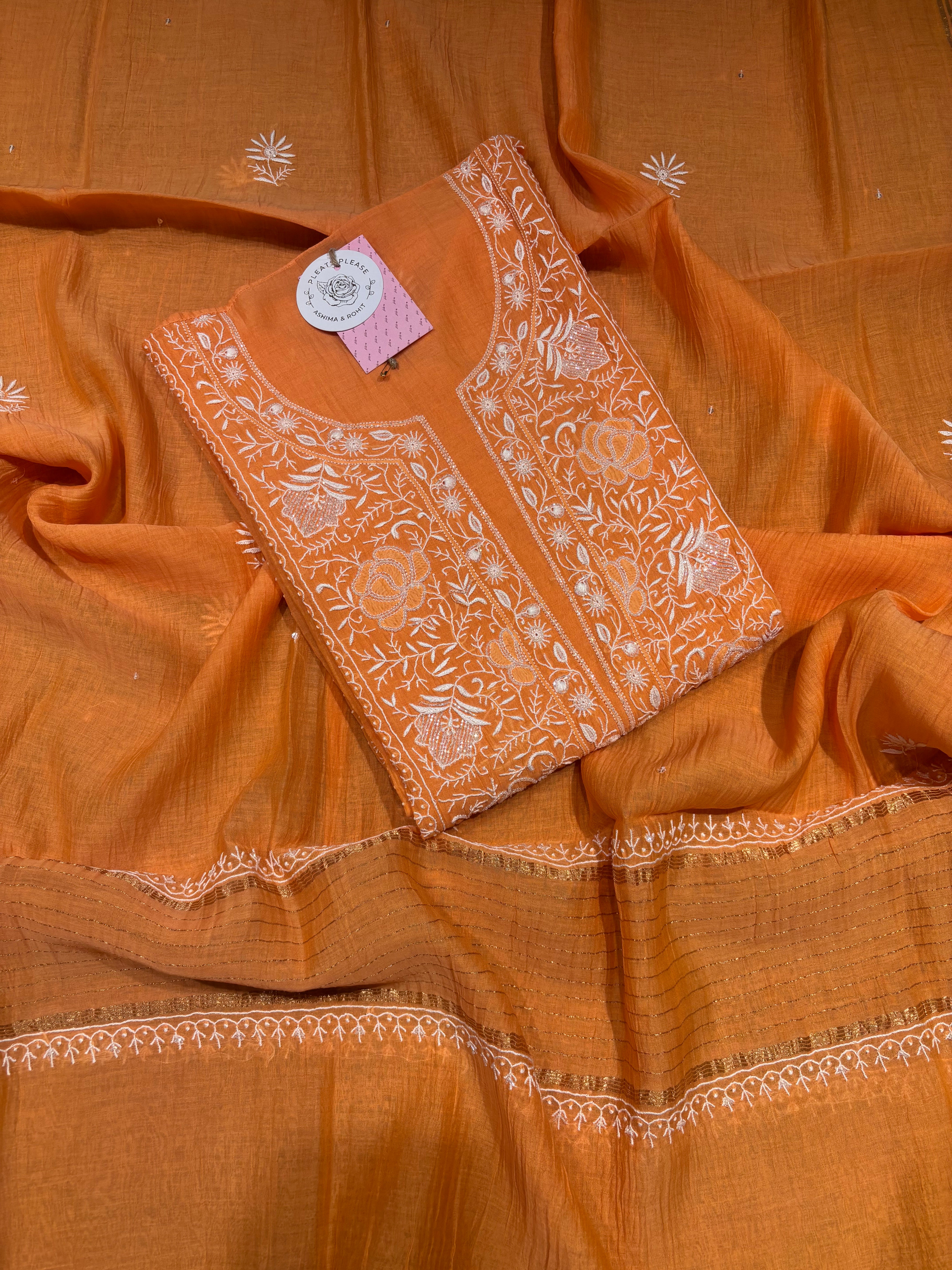 Orange Chanderi Mul Chikankari Kurta and Dupatta Set