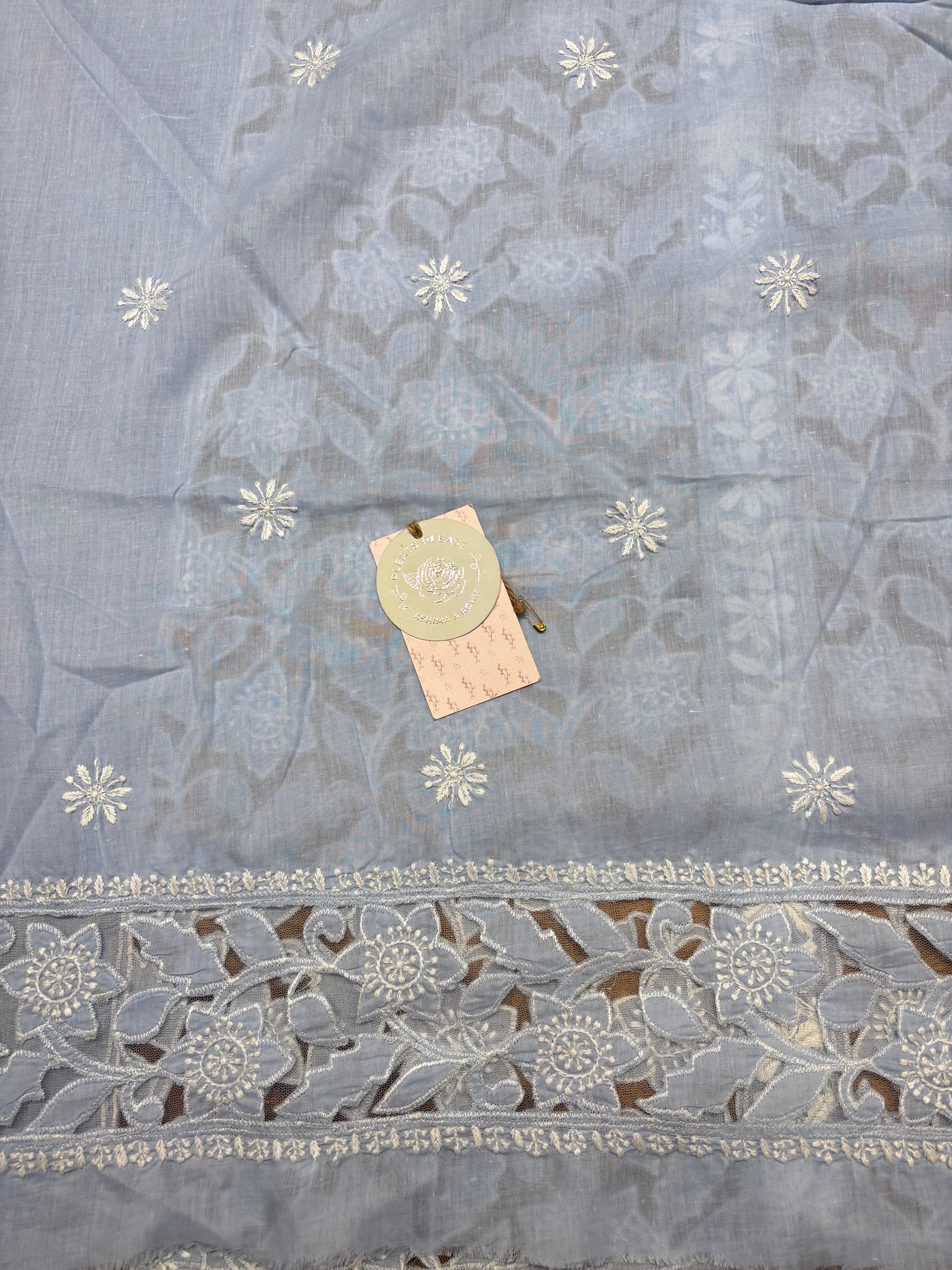 Powder Blue Mulmul Soft Net Chikankari Applique Kurta And Dupatta Fabric