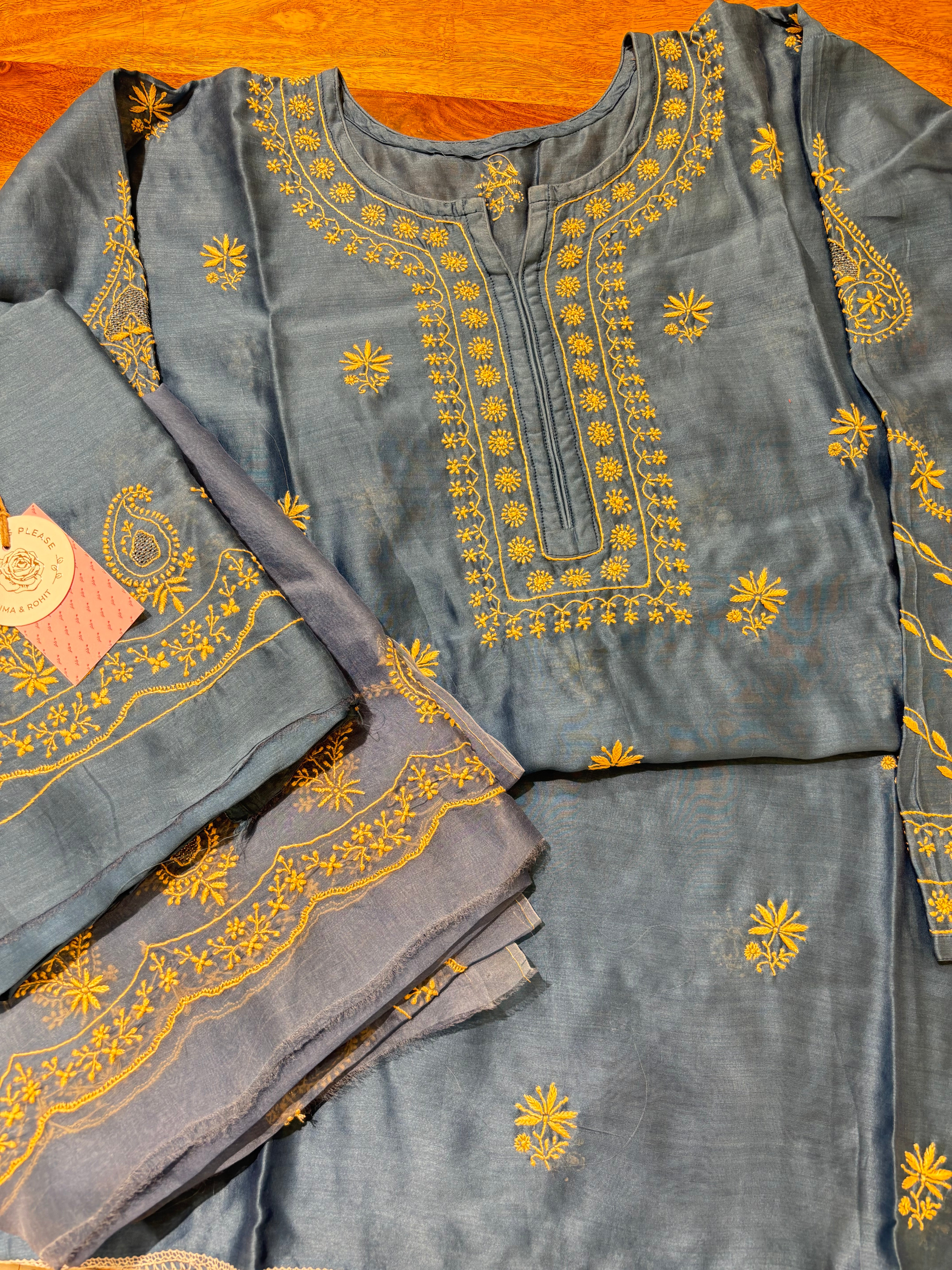 Steel Blue Chanderi Silk Chikankari Kurta & Organza Dupatta With Bottom