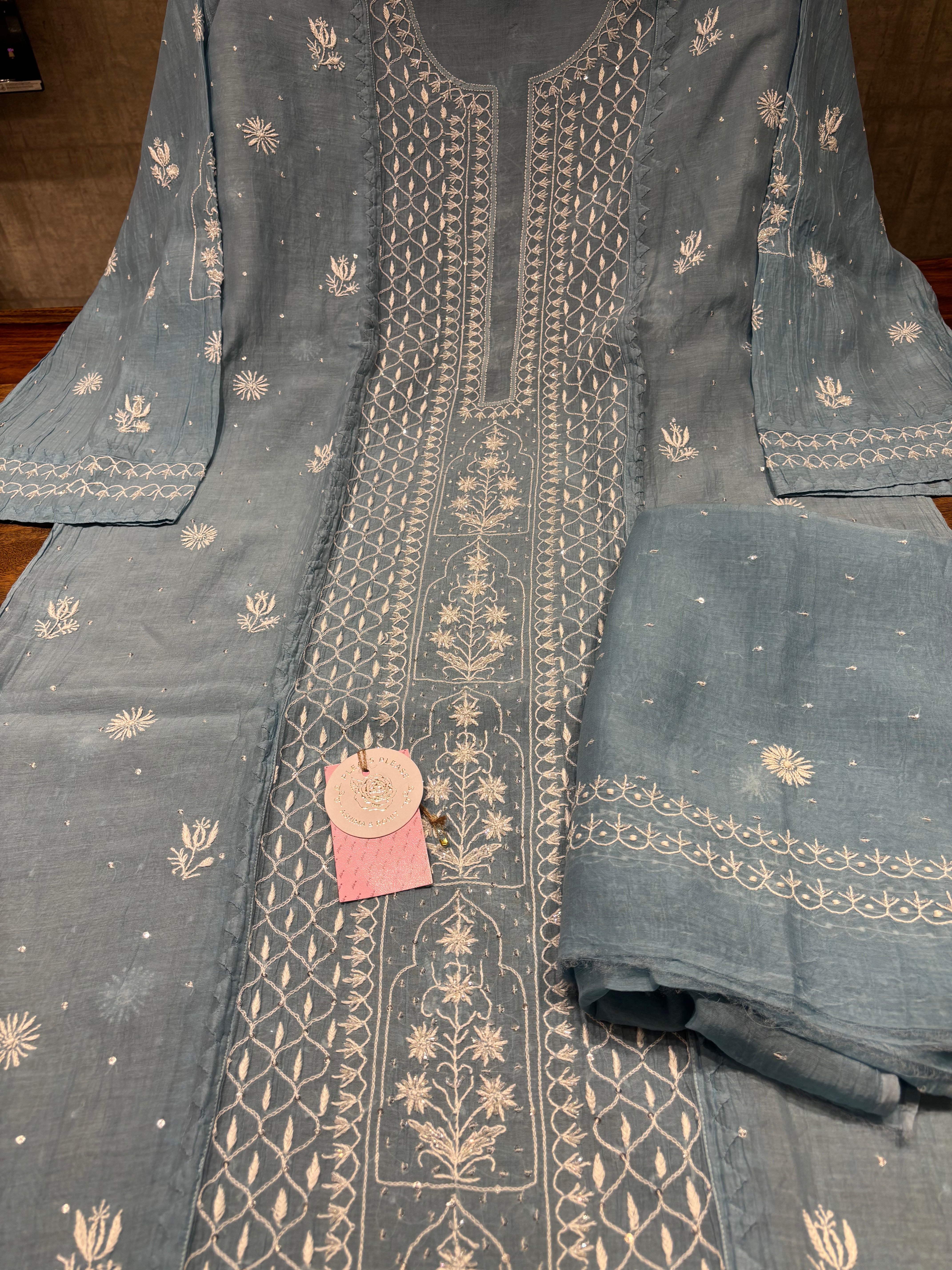 Soft Blue Chanderi Mul Chikankari Kurta & Dupatta Set