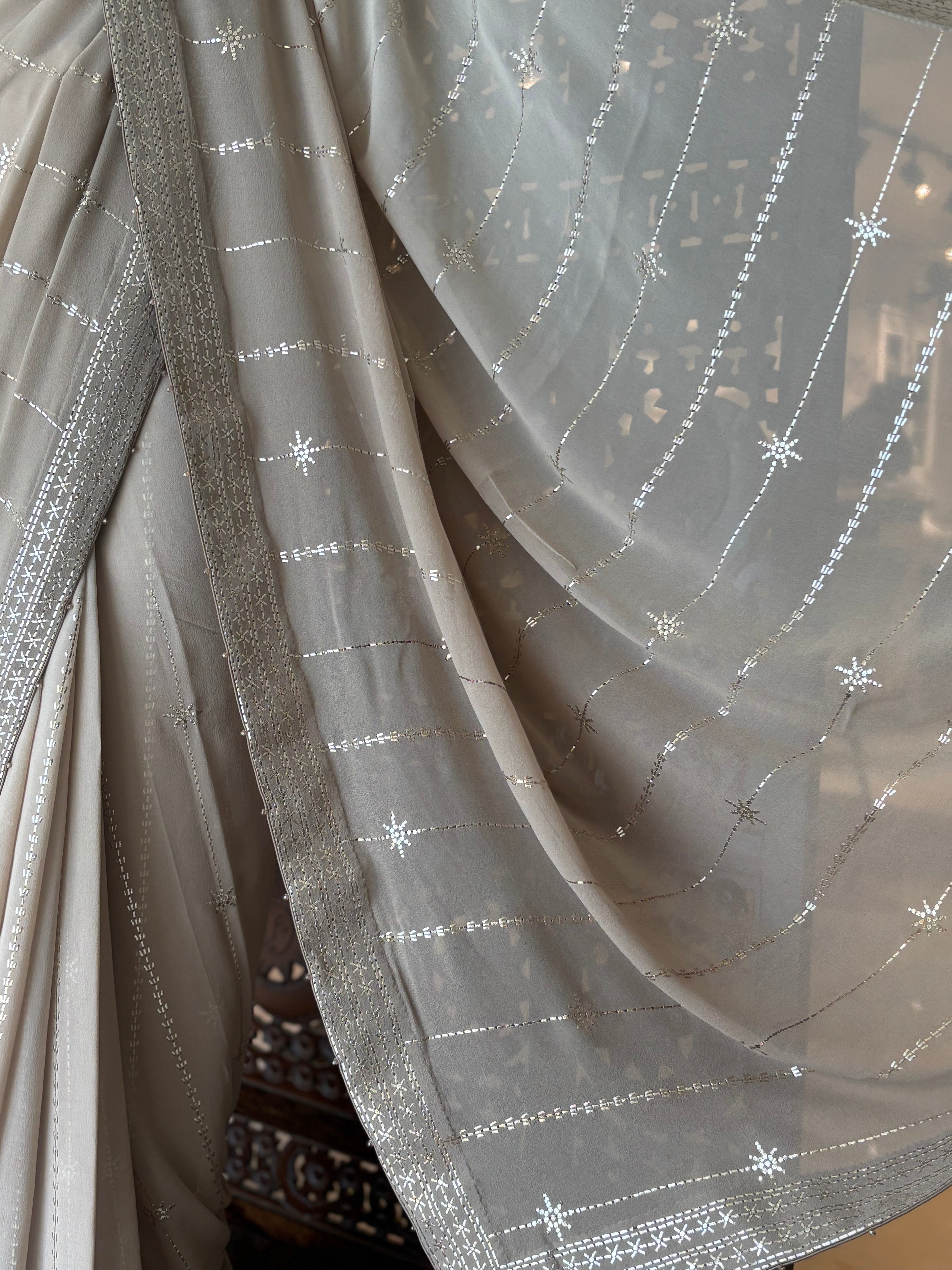 Hazelnut Brown Pure and Premium Georgette Mukaish Saree and Blouse - Pleats PleaseChikankari
