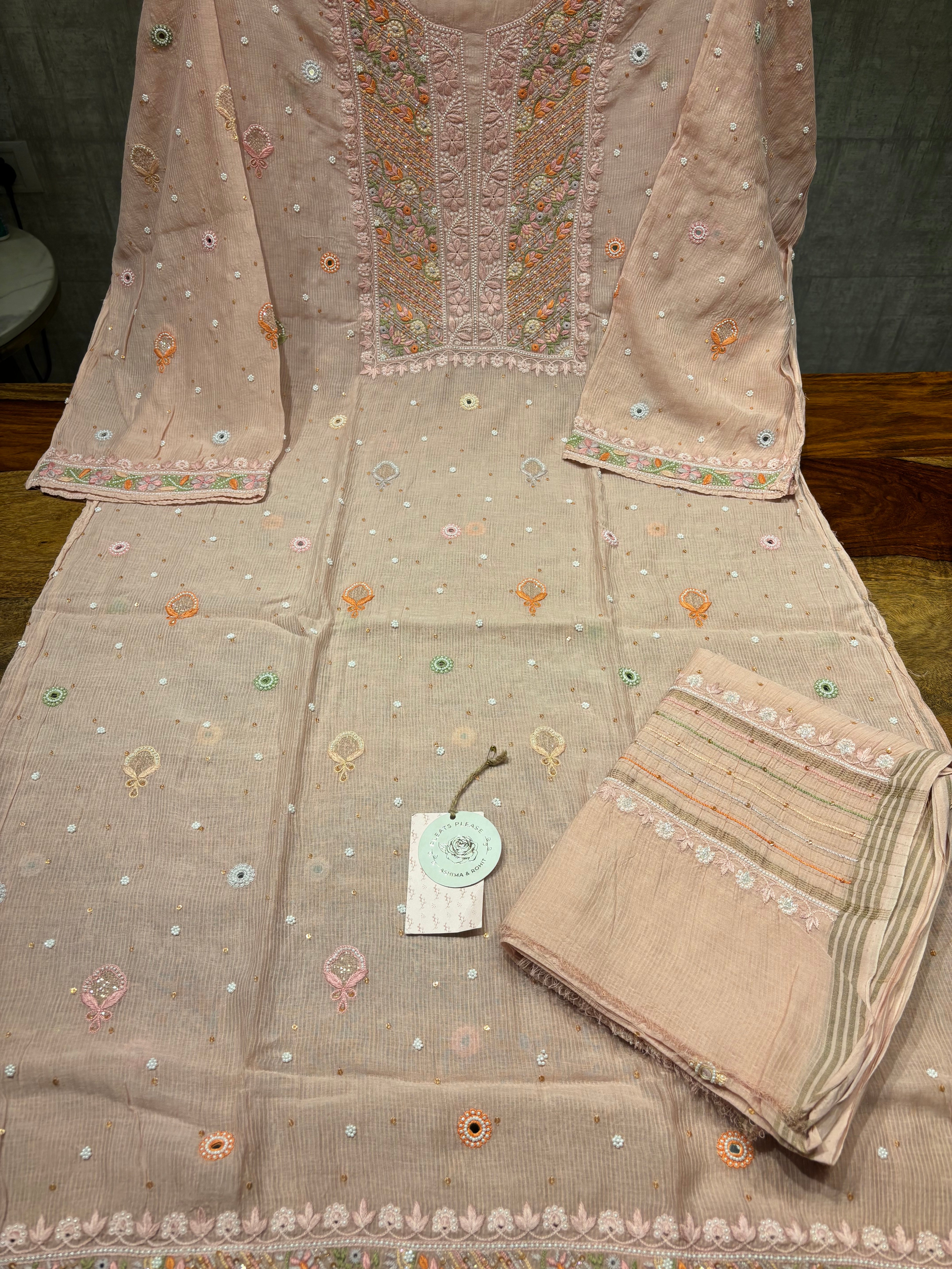 Pink Chanderi Mul Chikankari Kurta And Dupatta Set