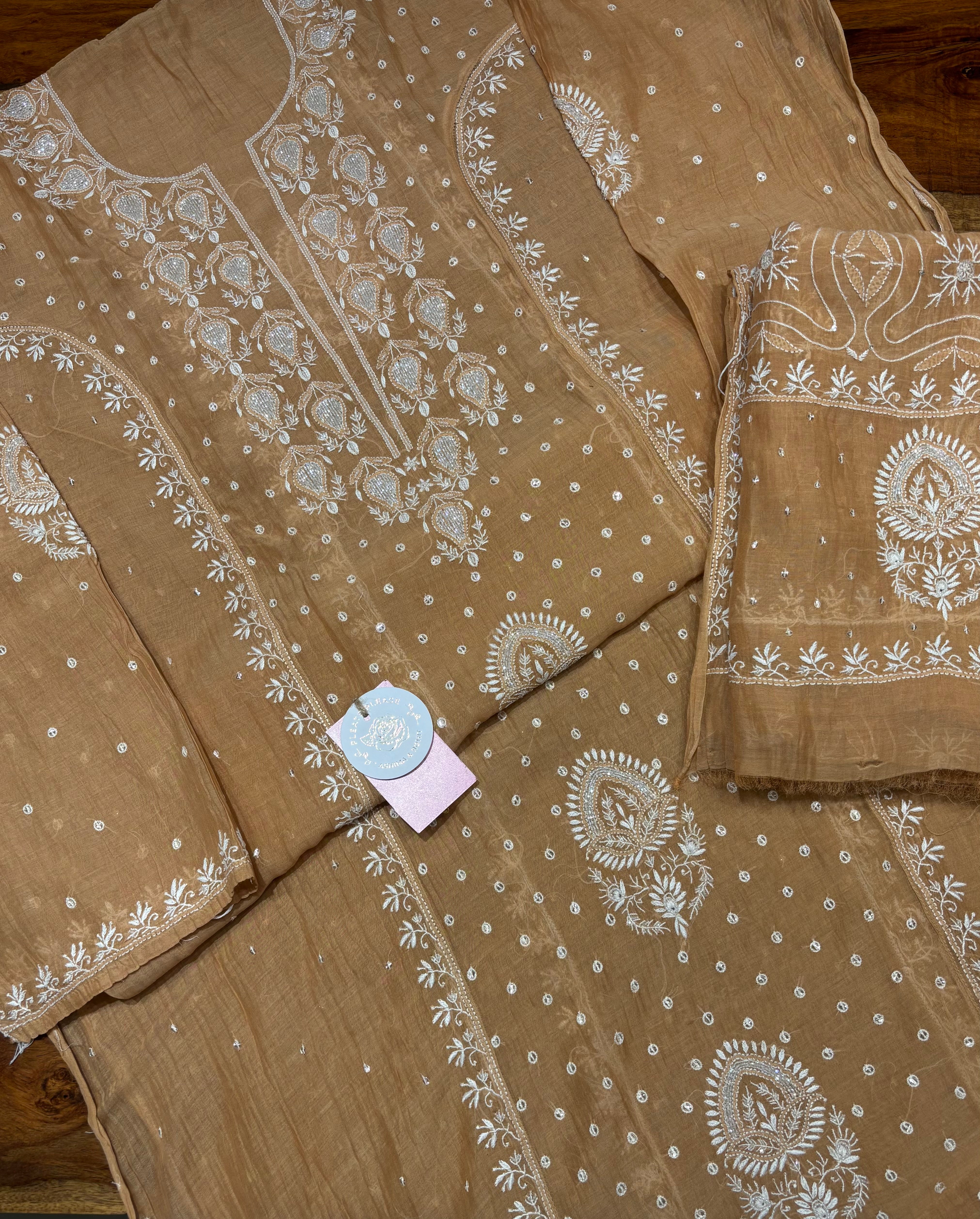 Chocolate Brown Chanderi Mul Chikankari Kurta & Dupatta Set