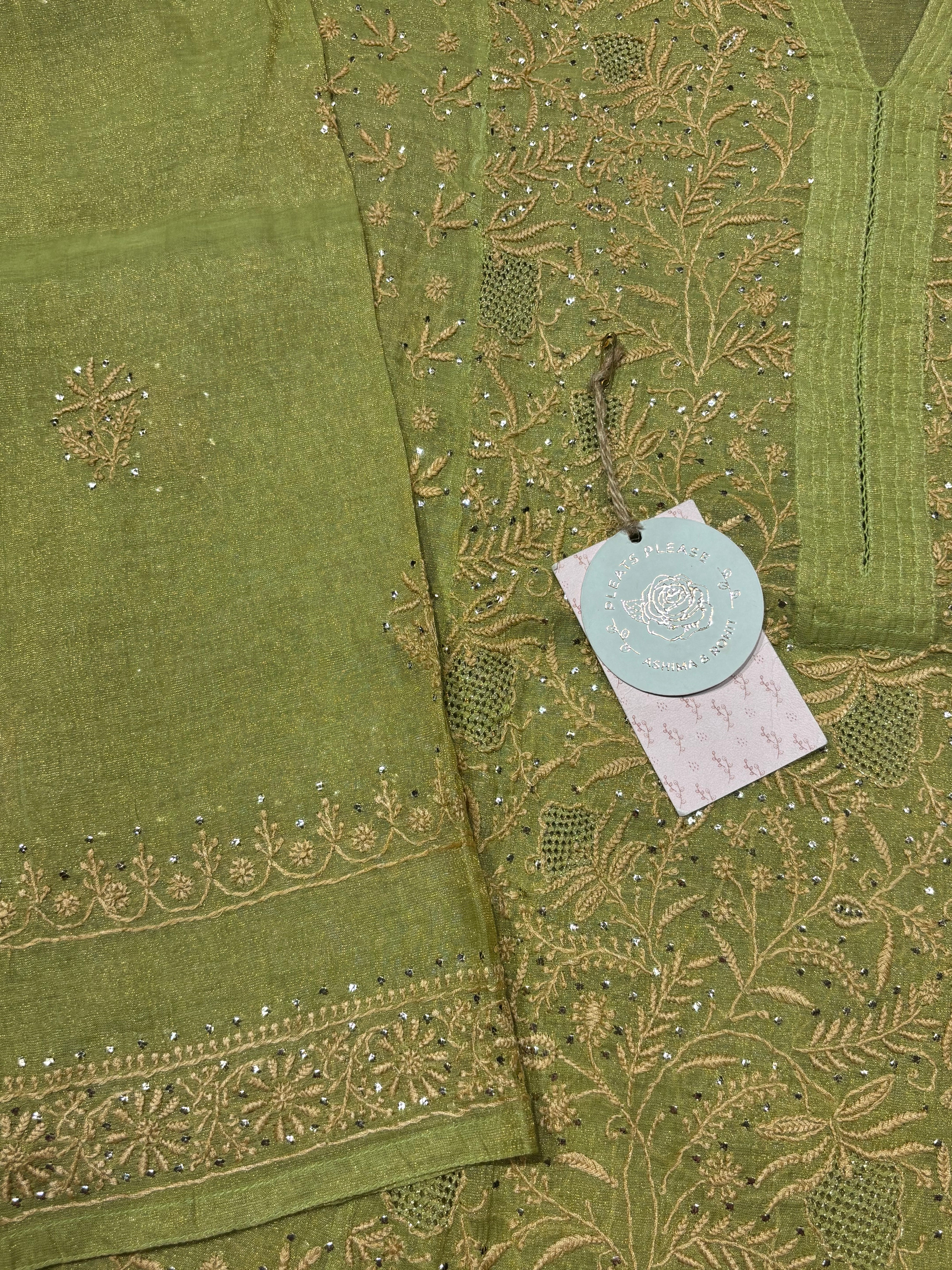Green Pure And Premium Tissue Chikankari Kurta And Dupatta Set