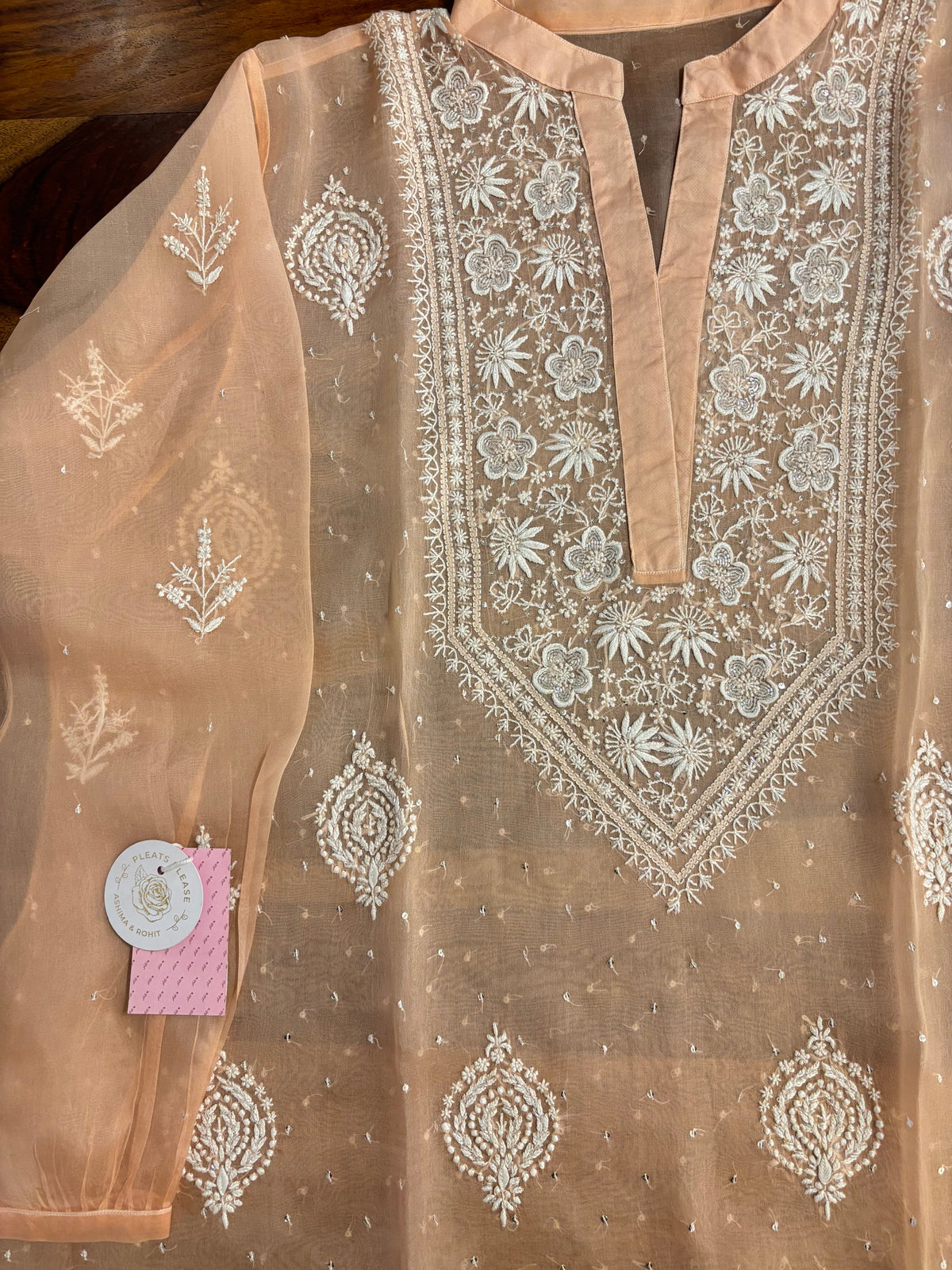 Peach Pure Organza Chikankari Co-ord Set - Pleats PleaseChikankari