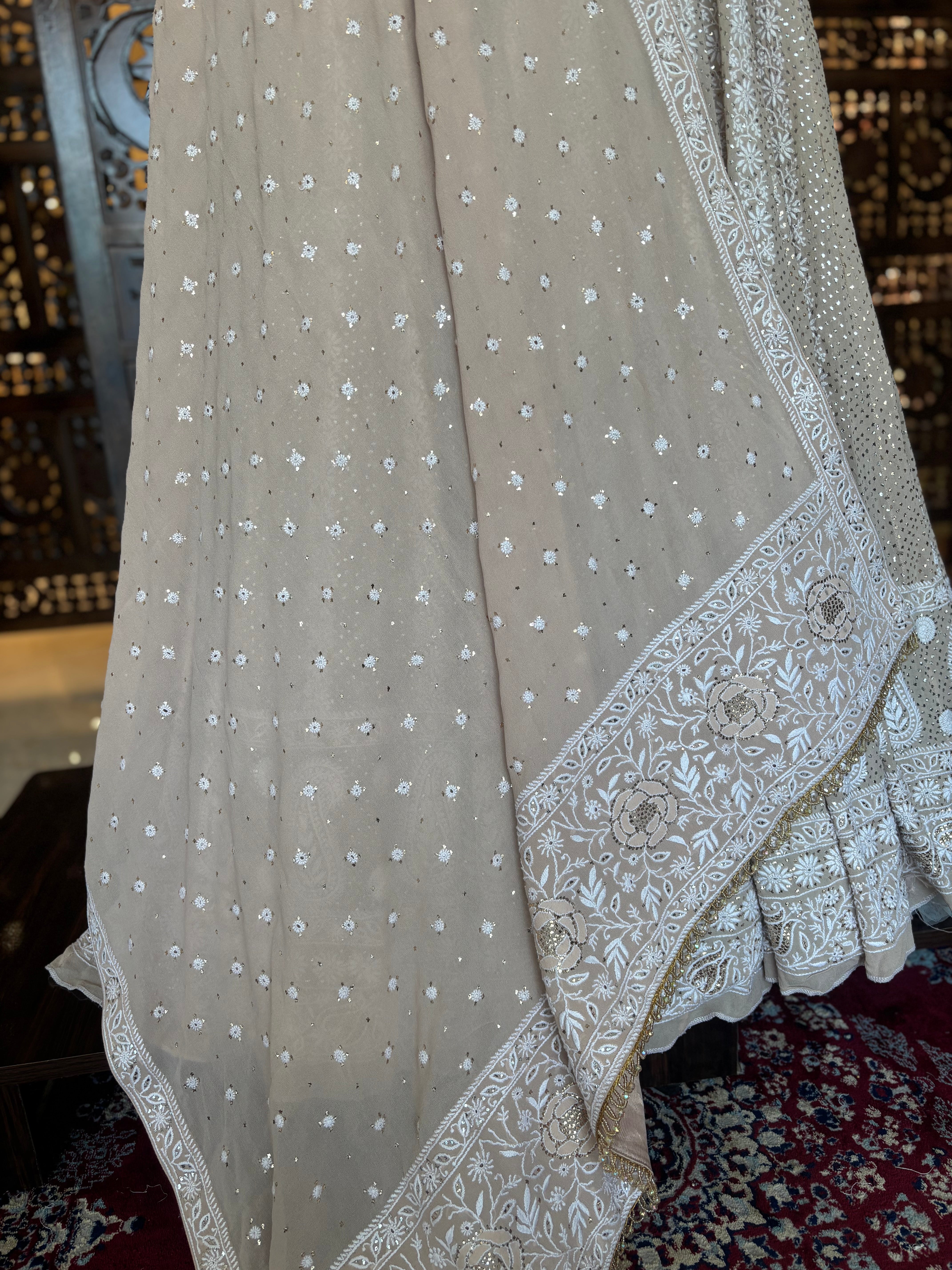 Champagne Beige Pure And Premium Georgette Mukaish Chikankari Heavy Flared Anarkali