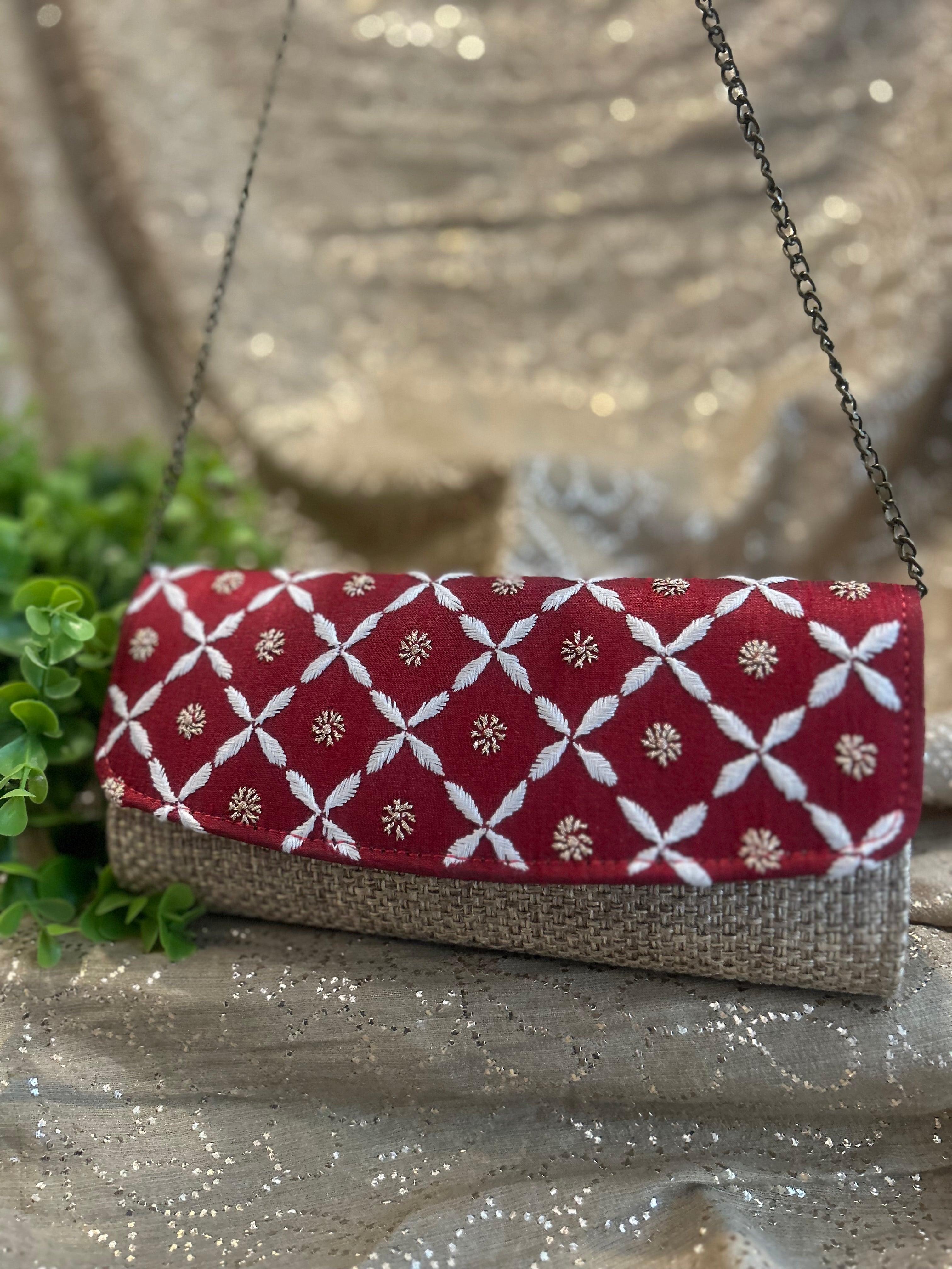 Red Chikankari Jute Bag