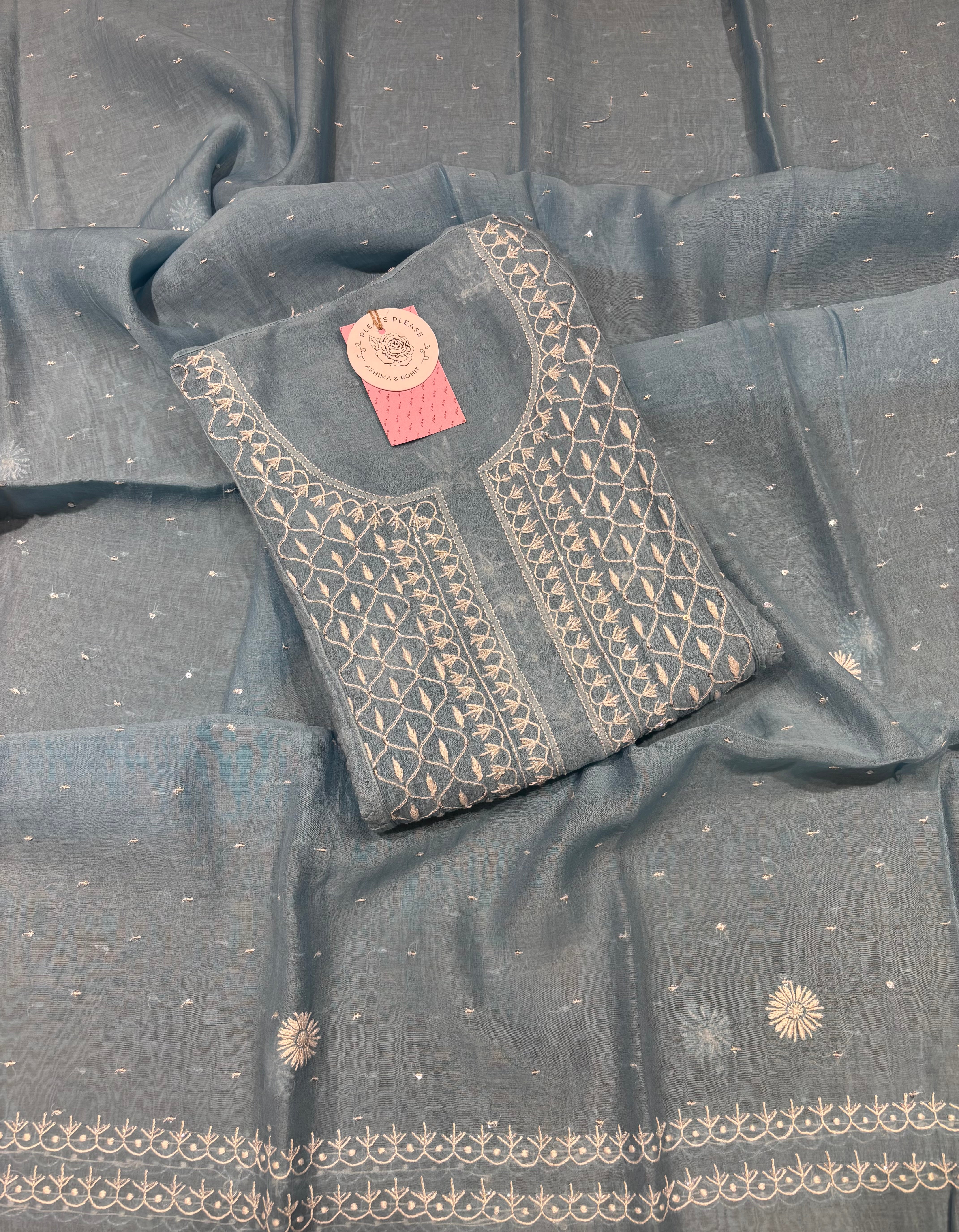 Soft Blue Chanderi Mul Chikankari Kurta & Dupatta Set