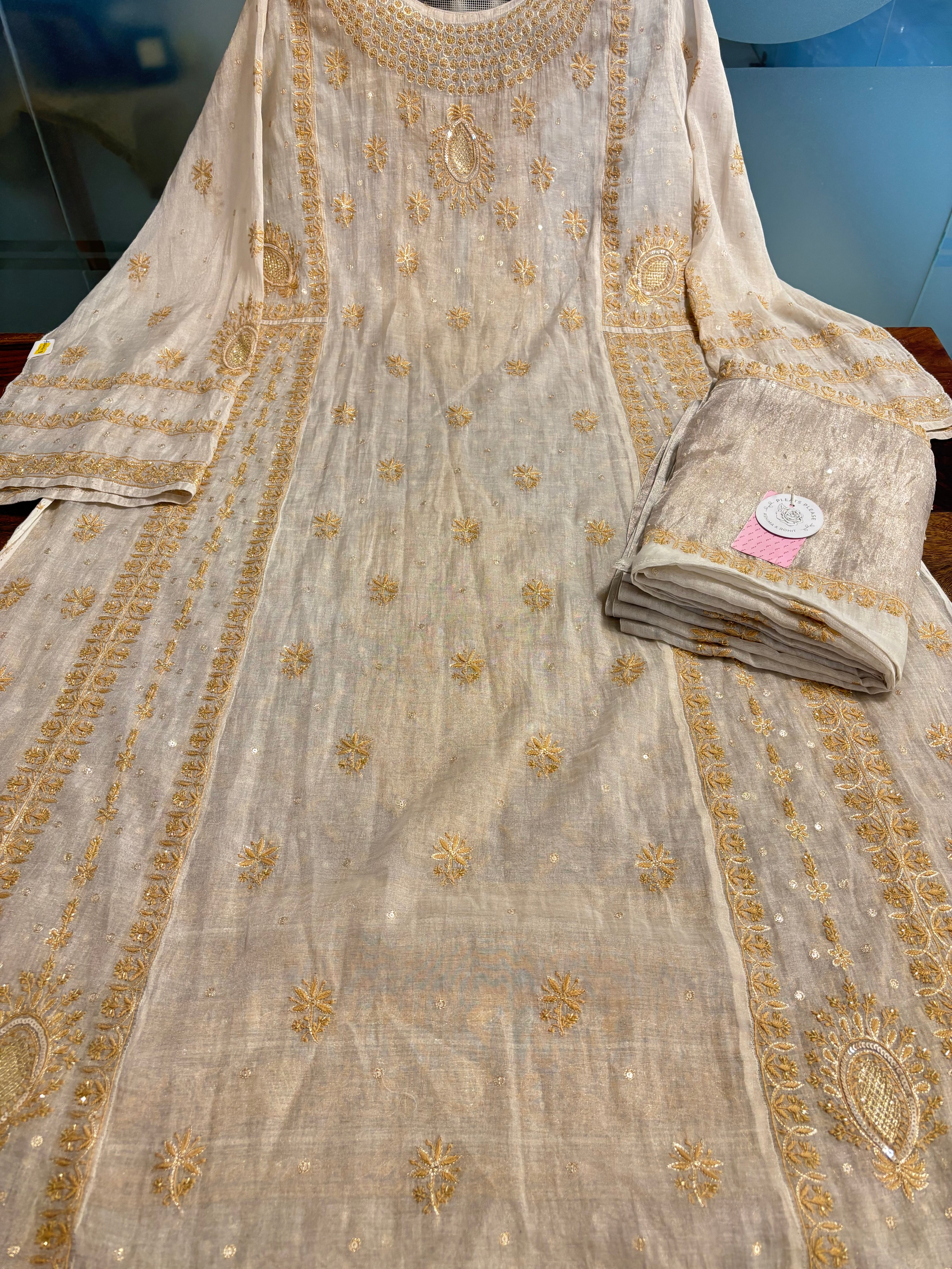 Dyeable Pure & Premium Silver Tissue Chikankari Kurta & Dupatta - Pleats PleaseChikankari