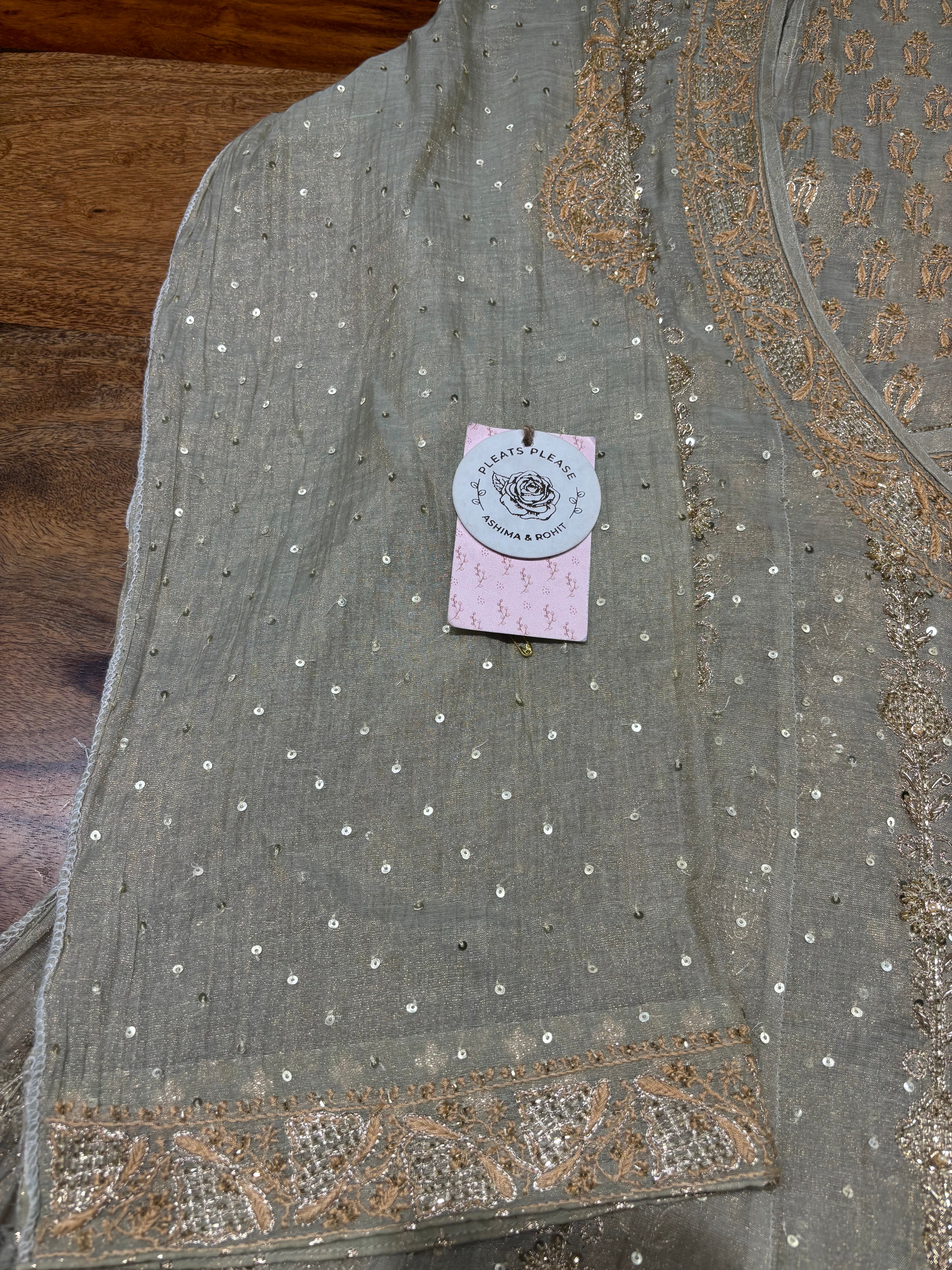 Cardamom Green Pure & Premium Tissue Chikankari Angrakha & Dupatta Set