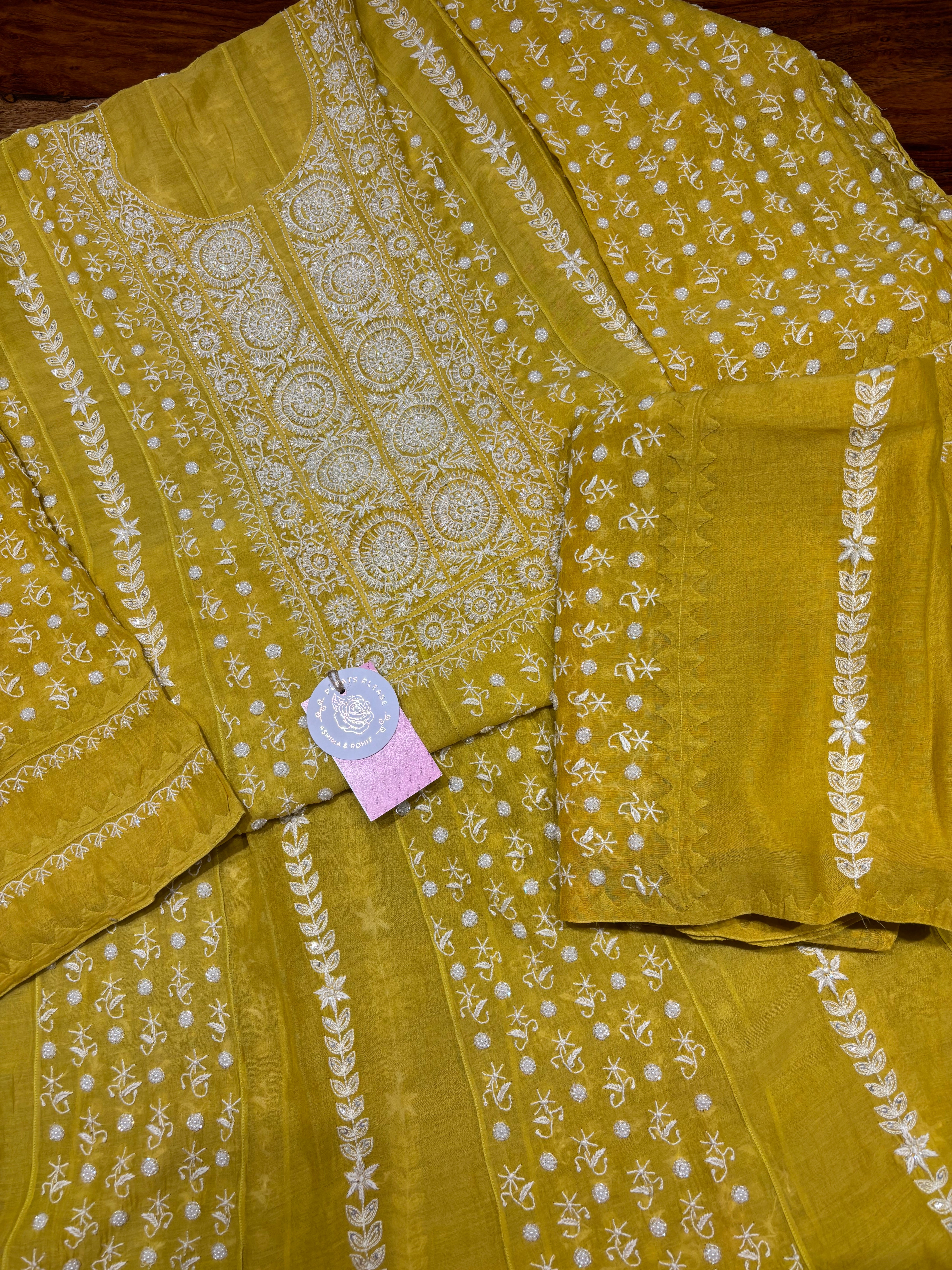 Lime Yellow Chanderi Mul Chikankari Anarkali & Dupatta Set
