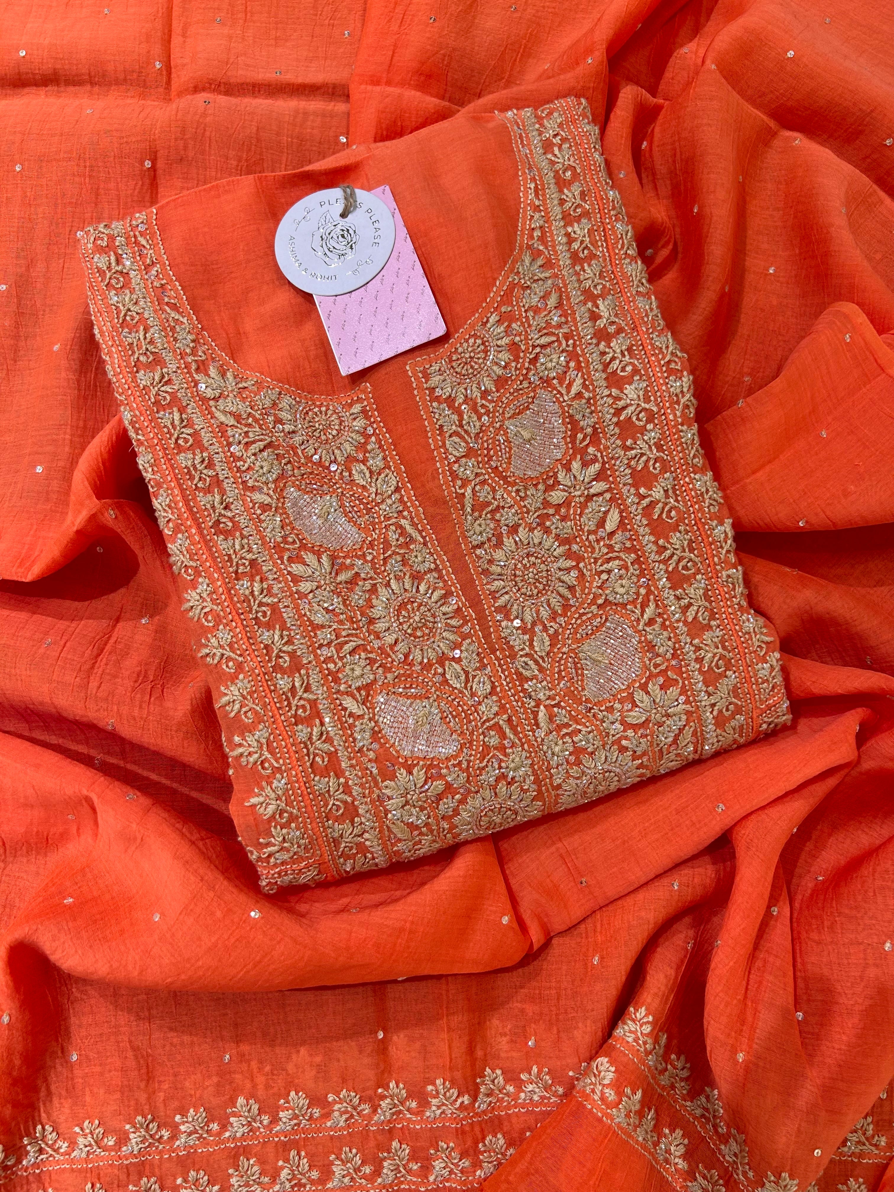 Coral peach Chanderi Chikankari A-line Kurta & Dupatta