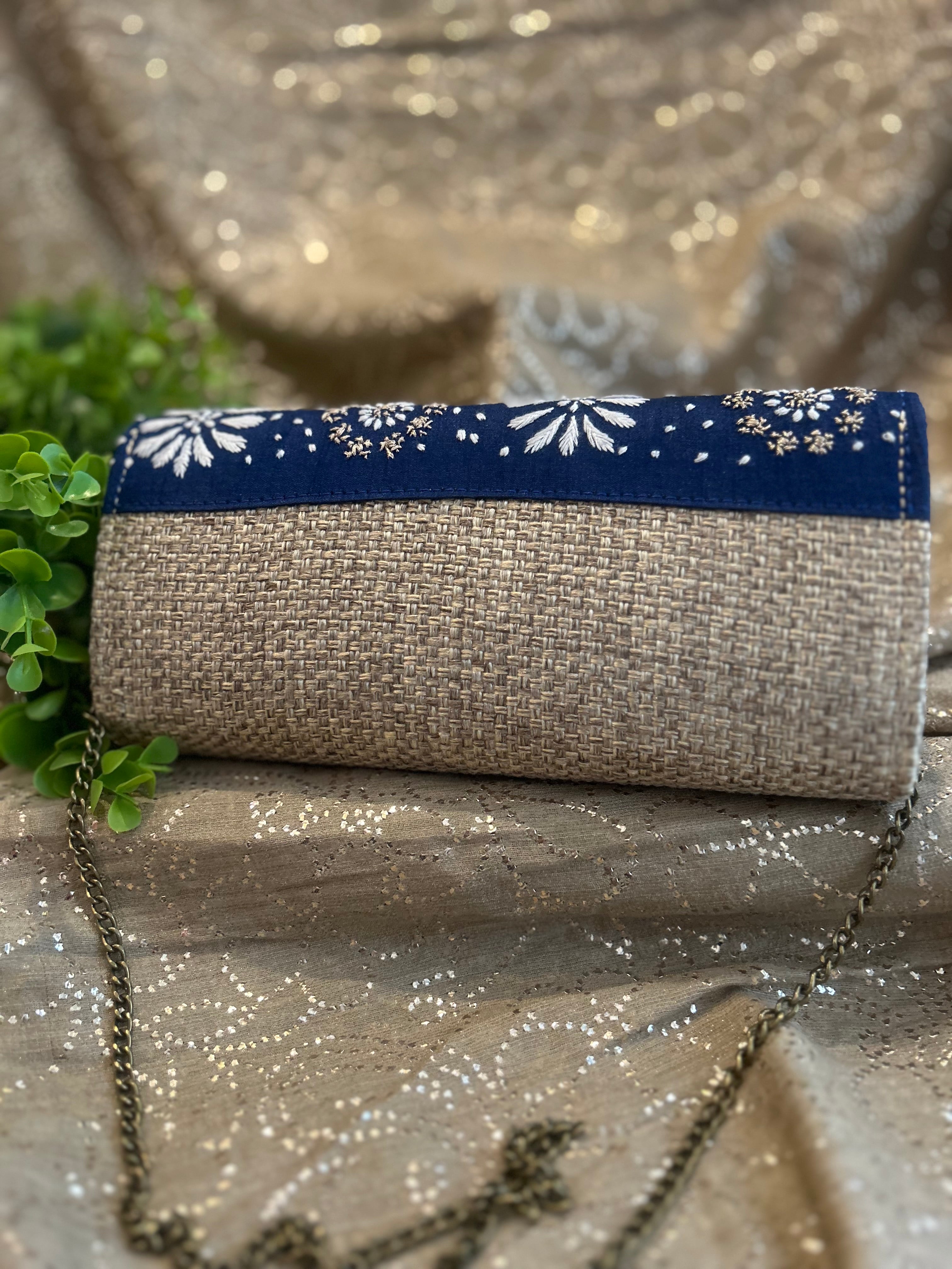 Navy Blue Chikankari Jute Bag