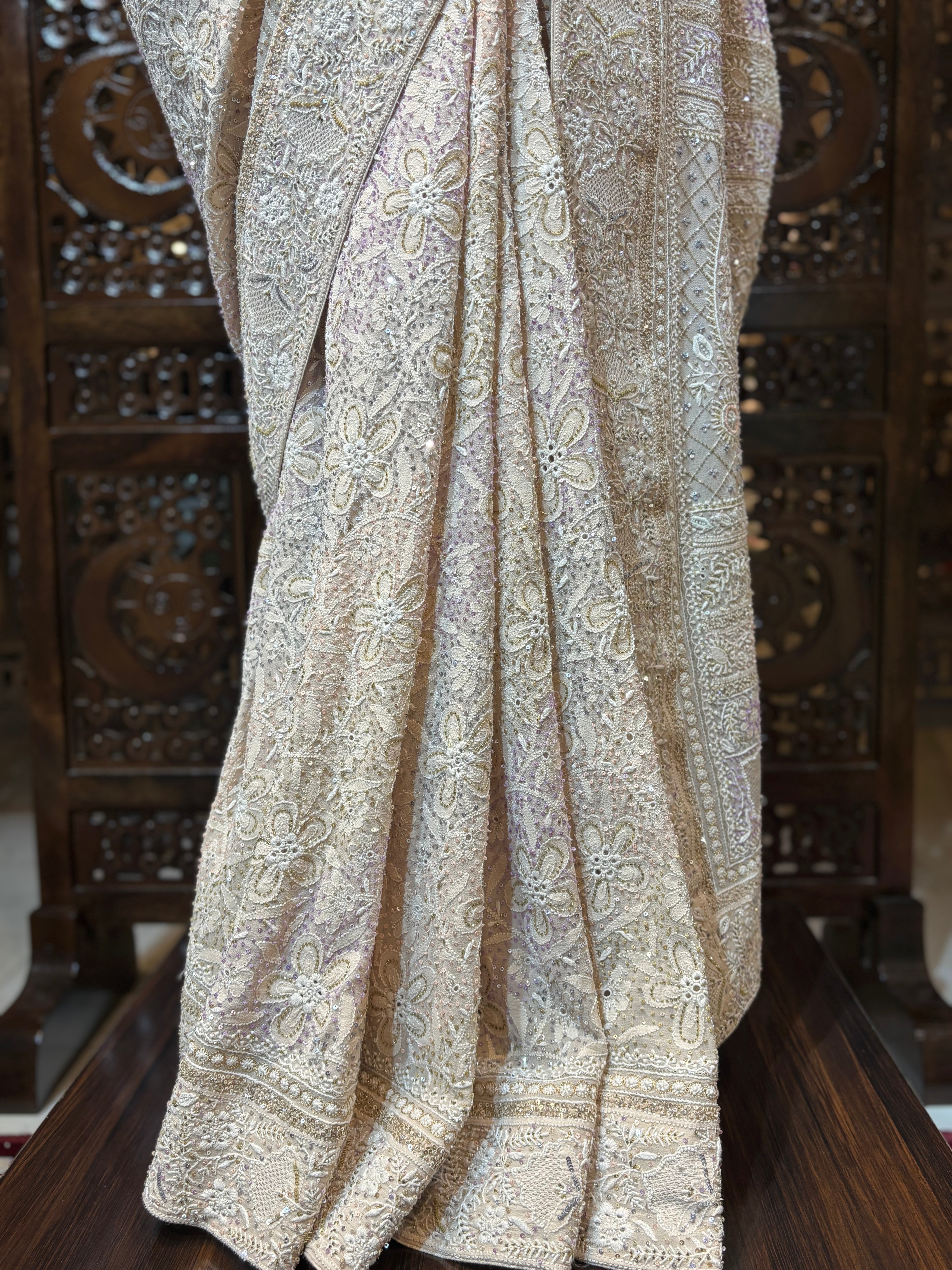 Coffee Cream Pure Georgette Chikankari Saree and Blouse - Pleats PleaseChikankari
