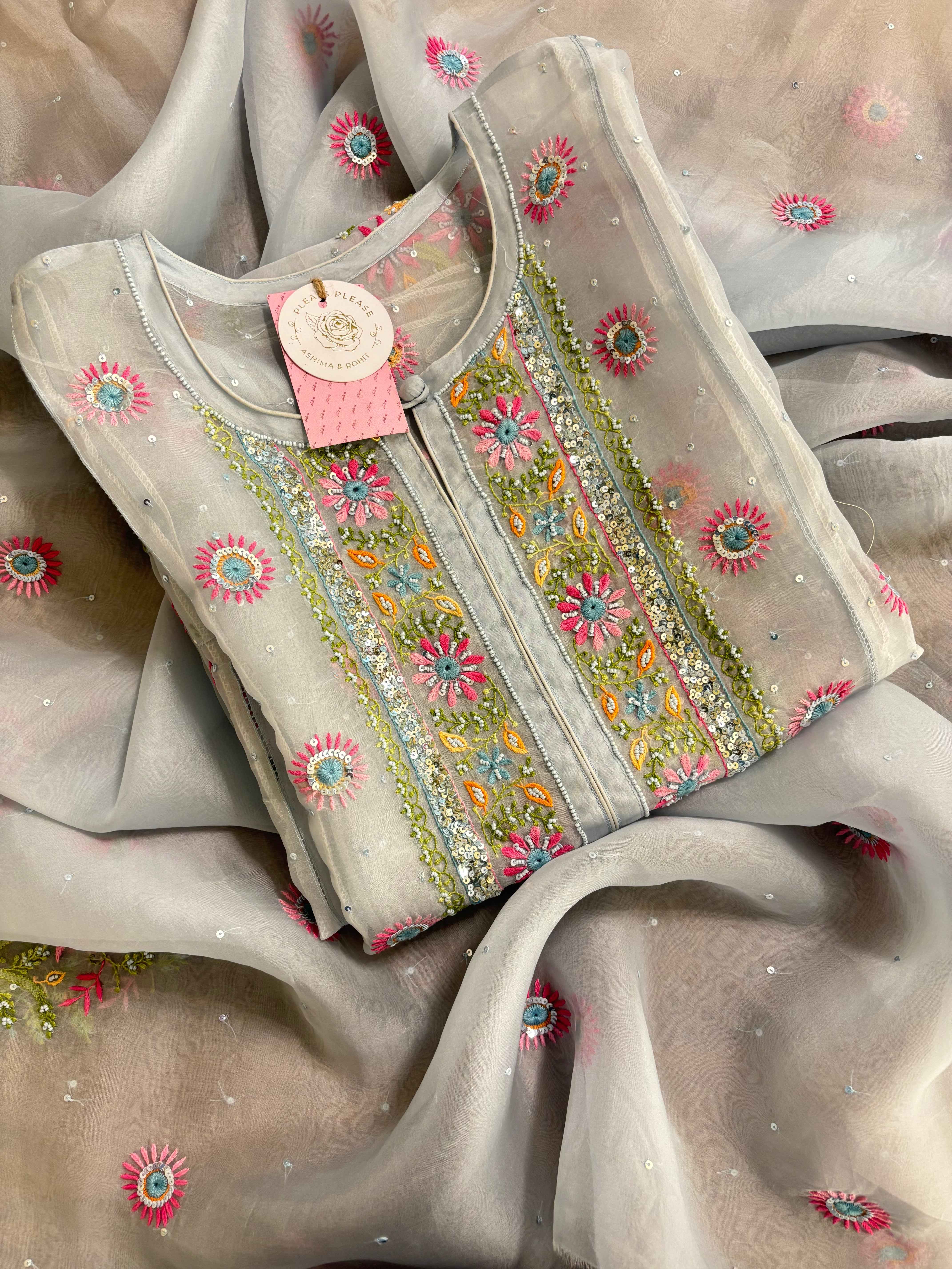 Pastel Blue Pure Organza Chikankari Kurta & Dupatta