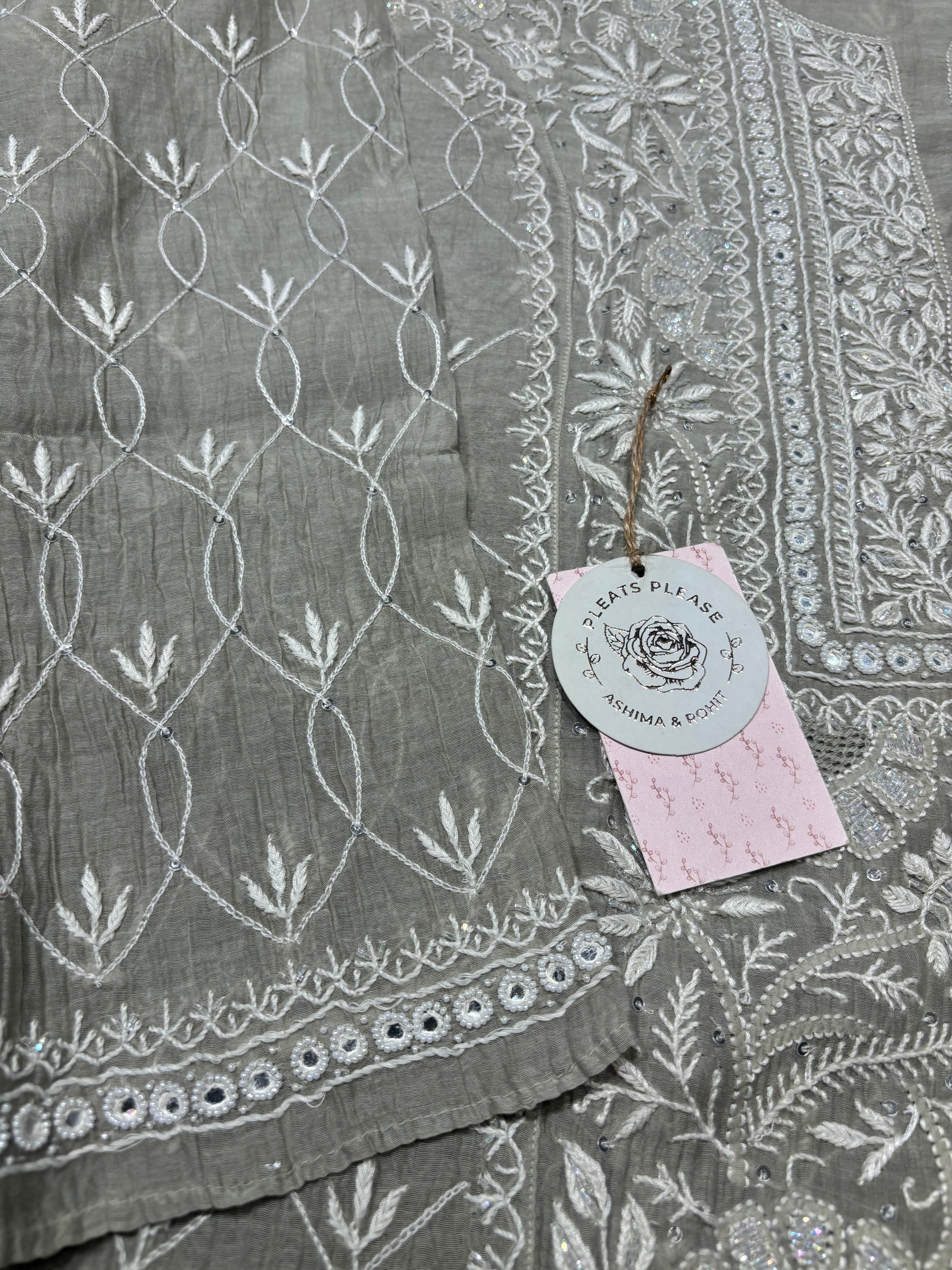 Ash chanderi Mul Chikankari Kurta and Dupatta set