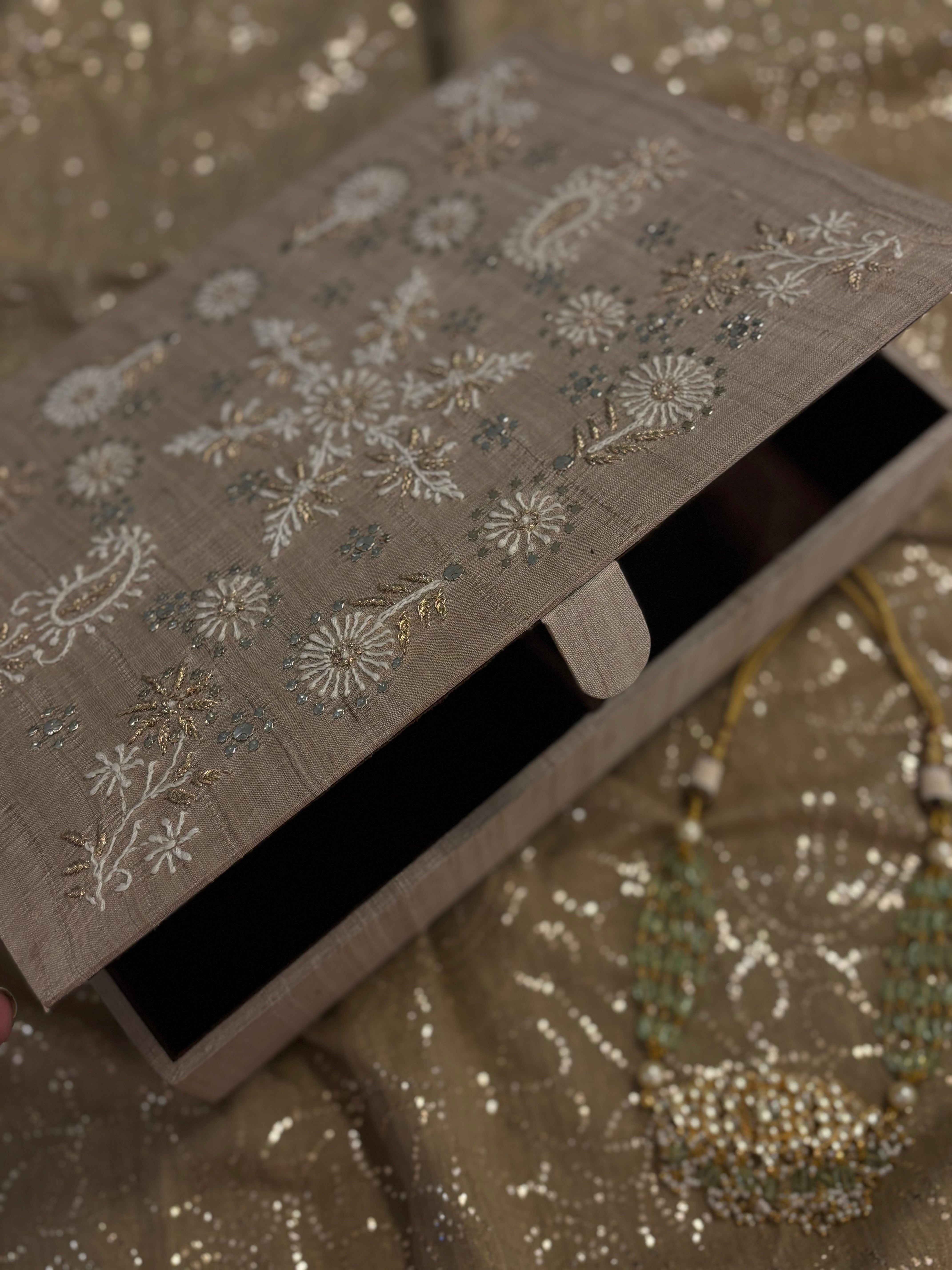 Natural Silk Chikankari Jewellery Box