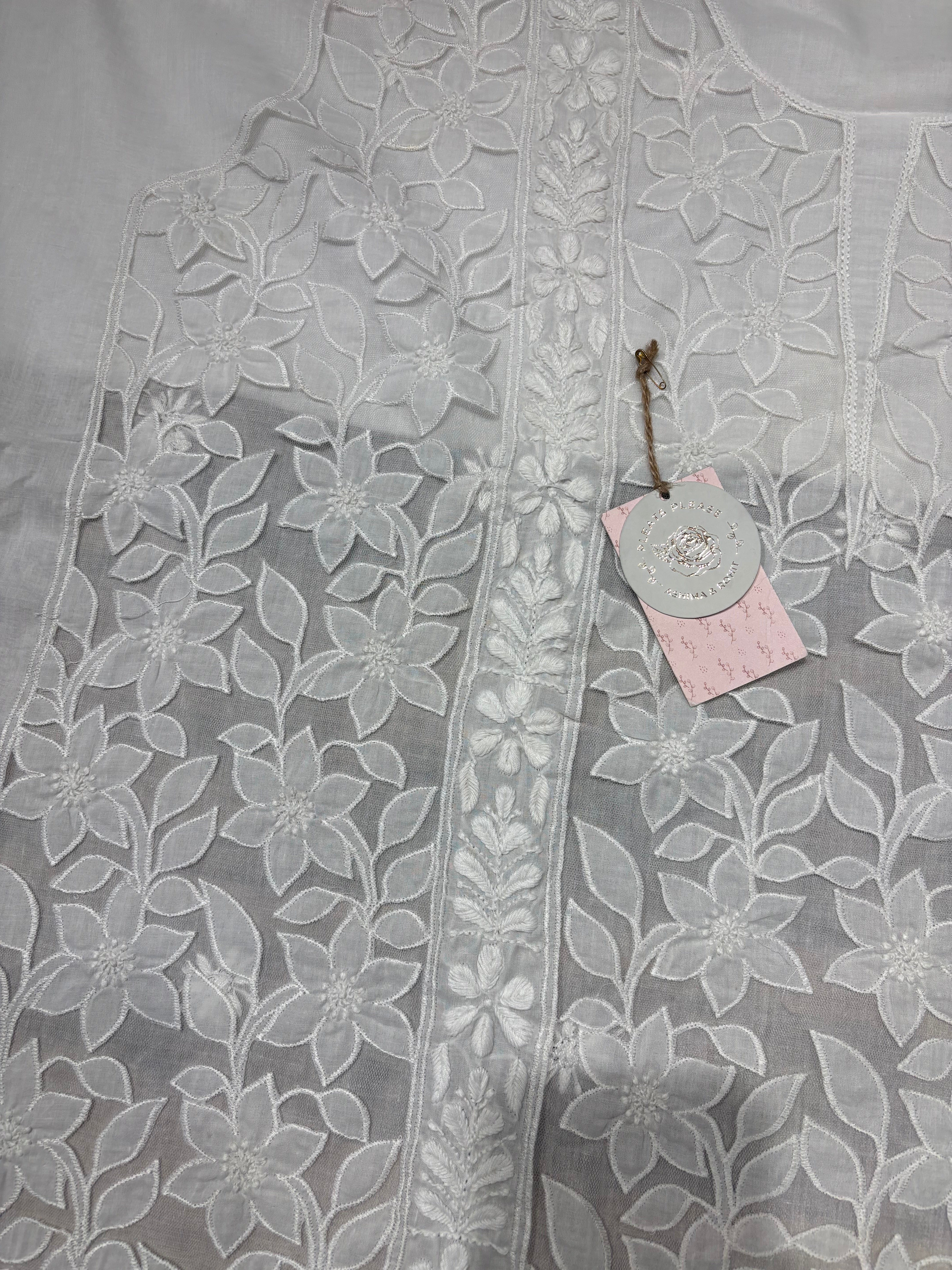 White Mulmul Soft Net Chikankari Applique Kurta And Dupatta Fabric