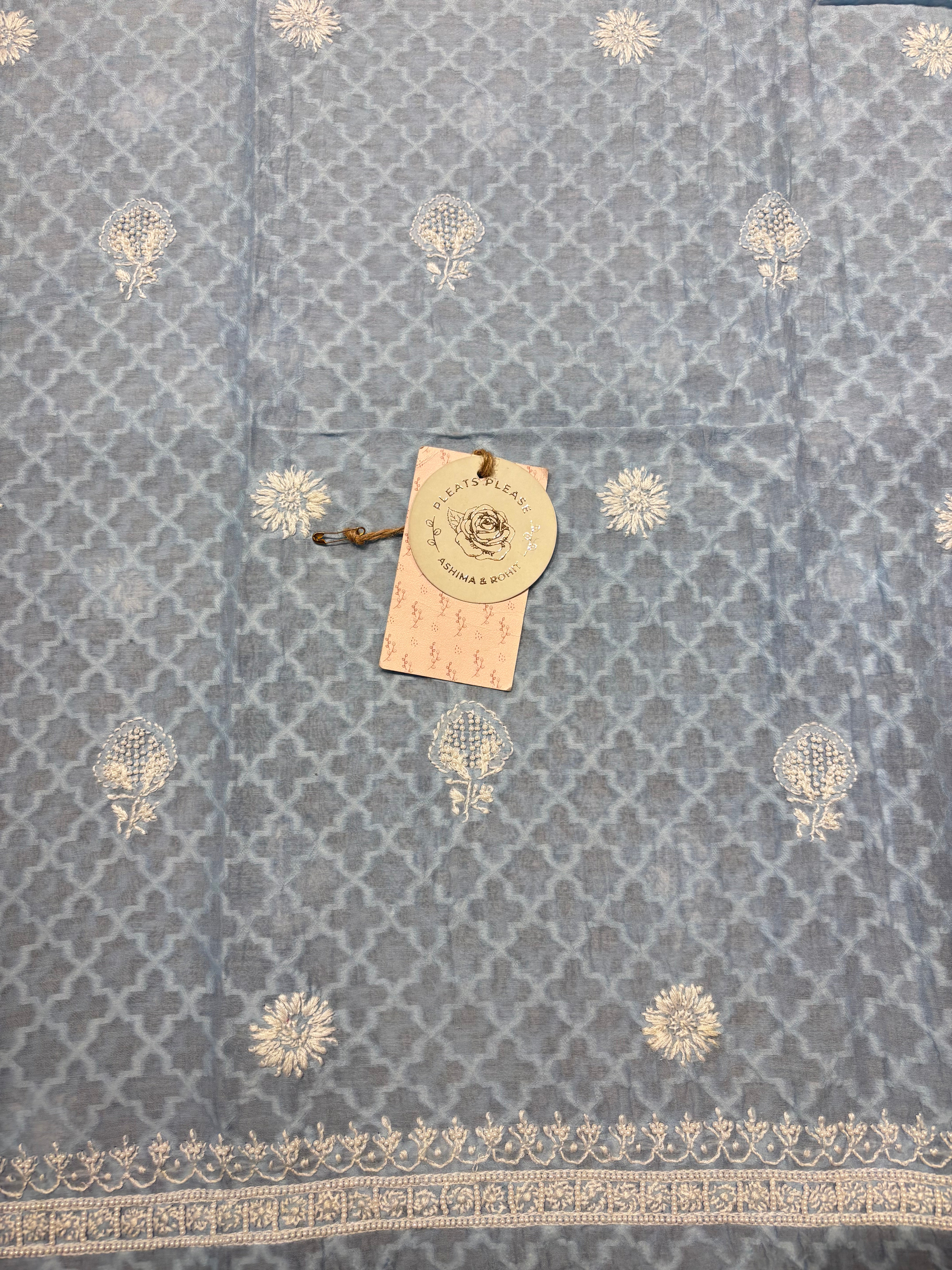 Blue Chanderi Jacquard Chikankari Men's Kurta Fabric