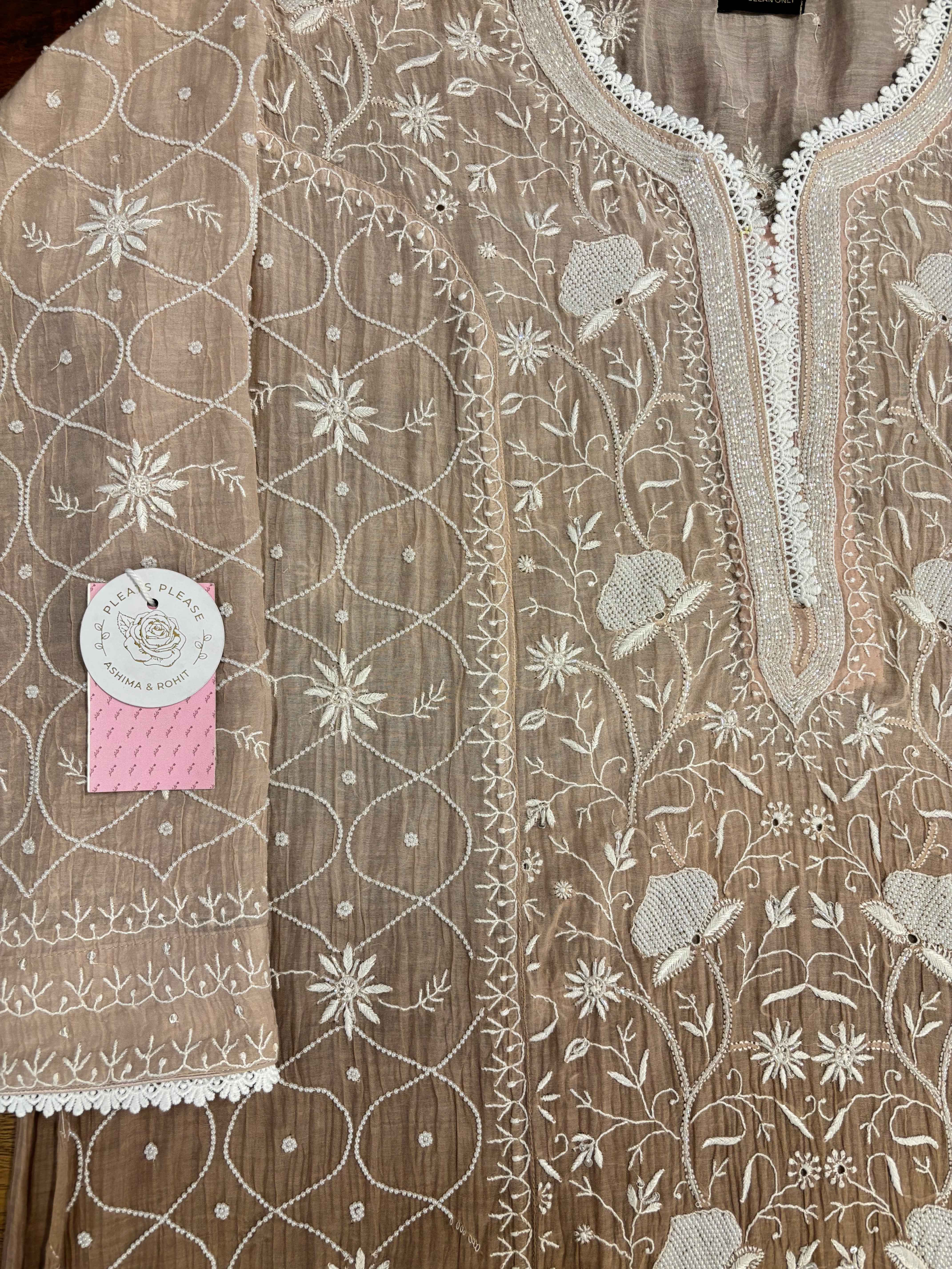 Mocha Brown Ombré Chanderi Mul Chikankari Kurta & Dupatta With Bottom - Pleats PleaseChikankari