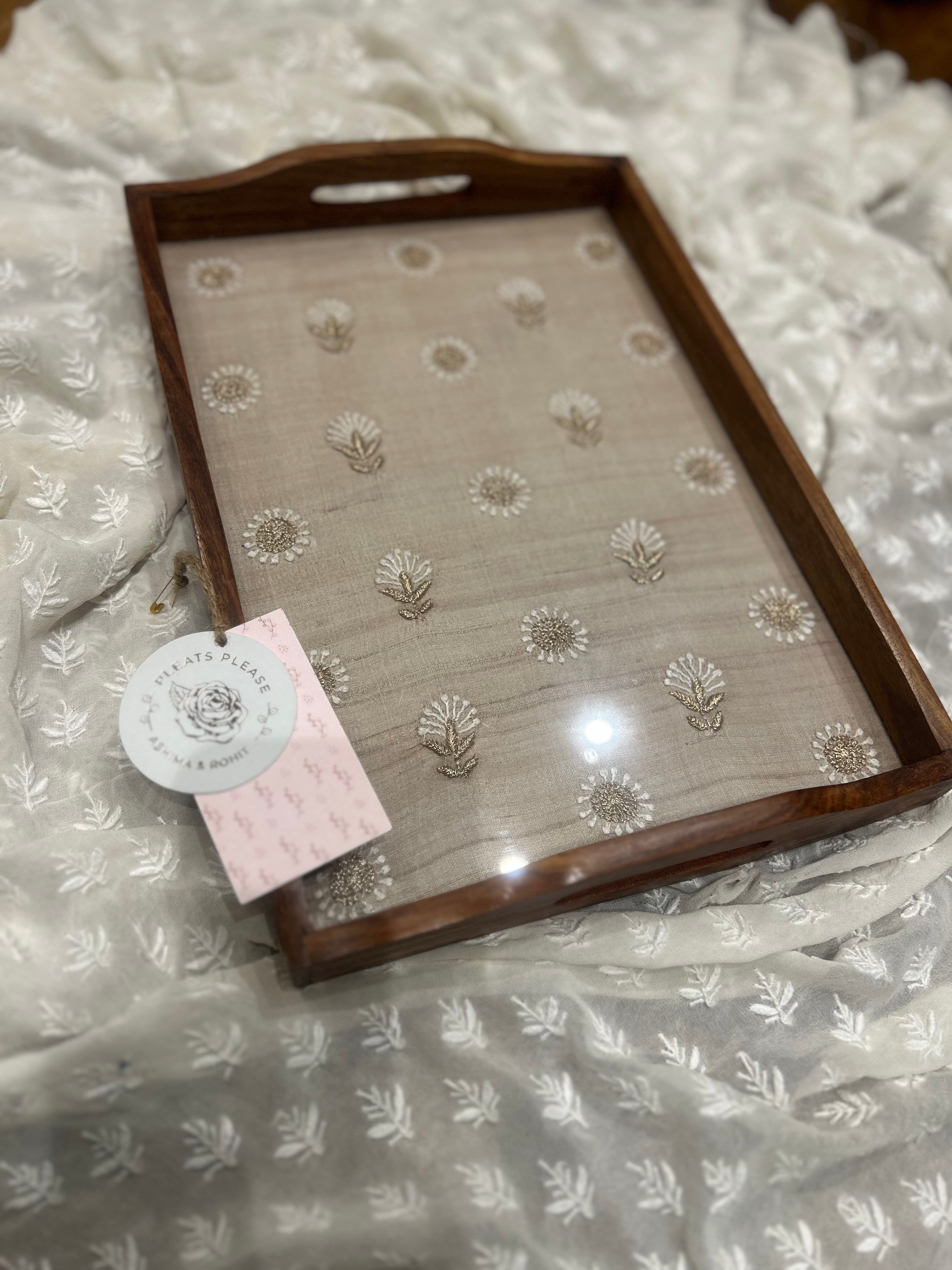 Fawn Silk Rectangle Chikankari Wooden Tray