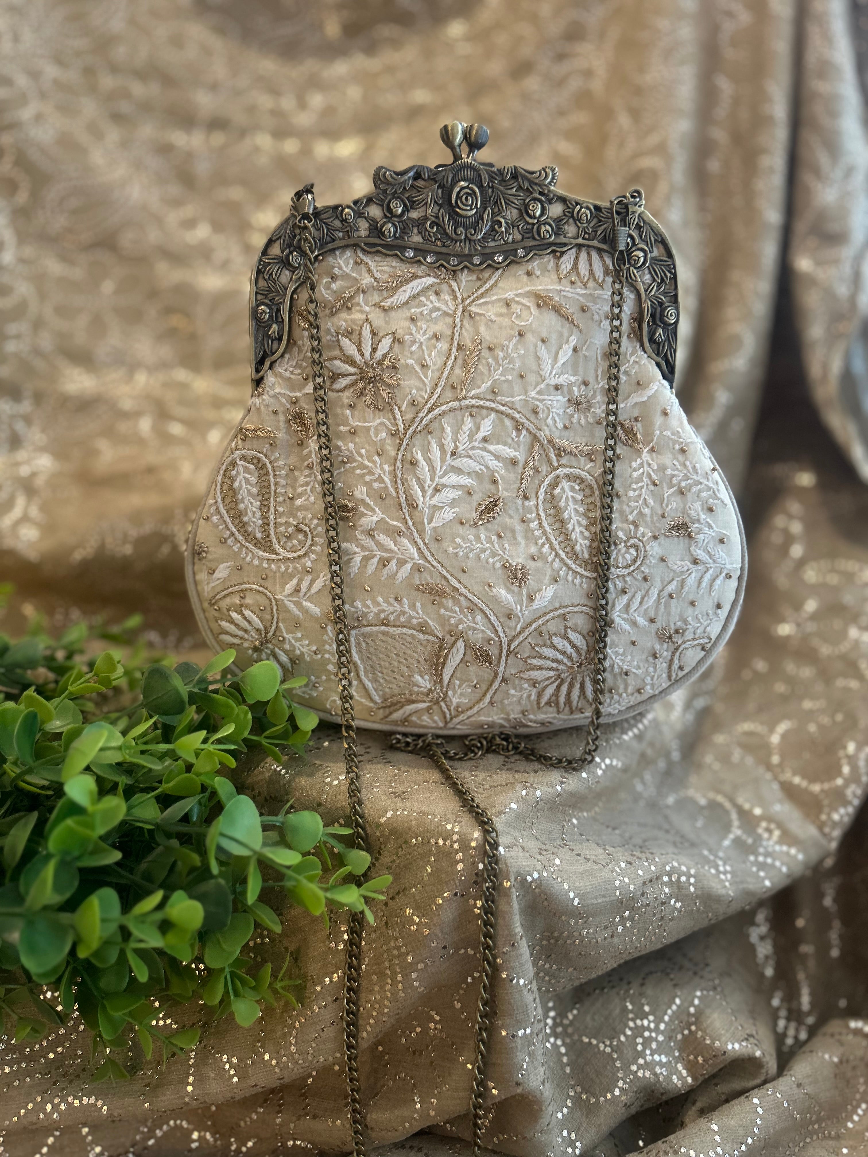 Ivory Chikankari Clutch Bag