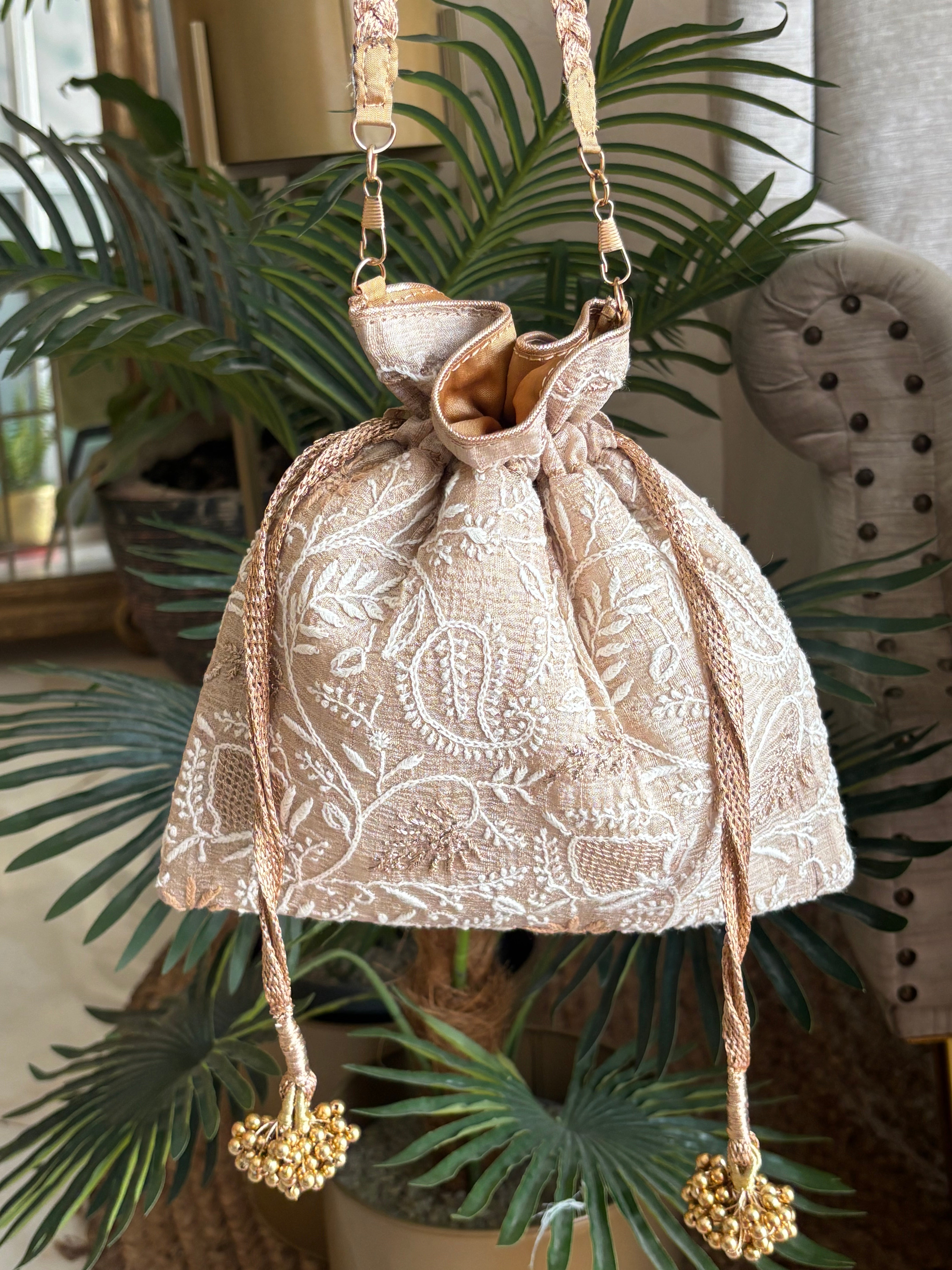 Beige Silk Chikankari Potli