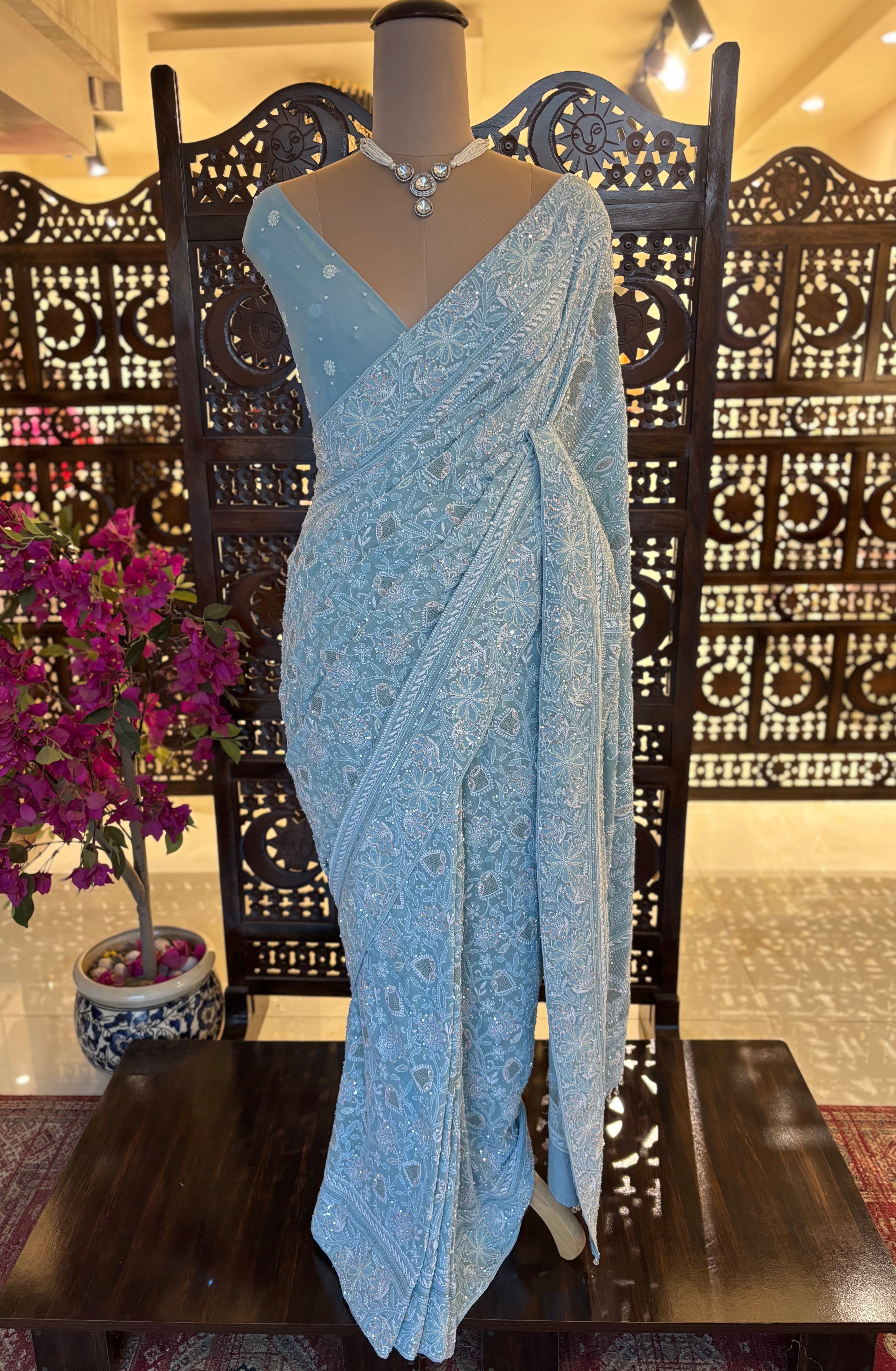 Ice-Blue Pure & Premium Georgette Chikankari Saree