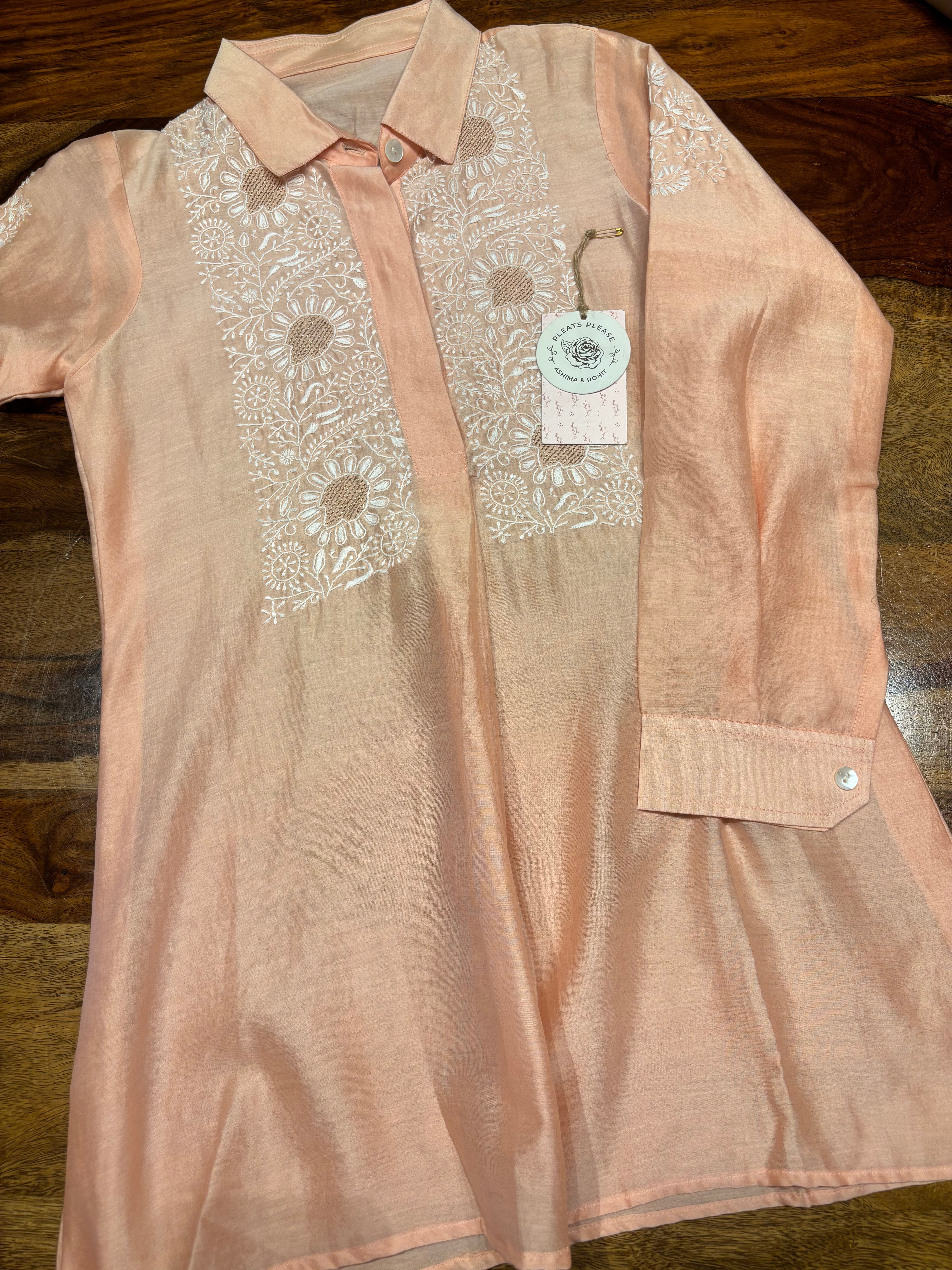 Peach Chanderi Silk Chikankari Shirt