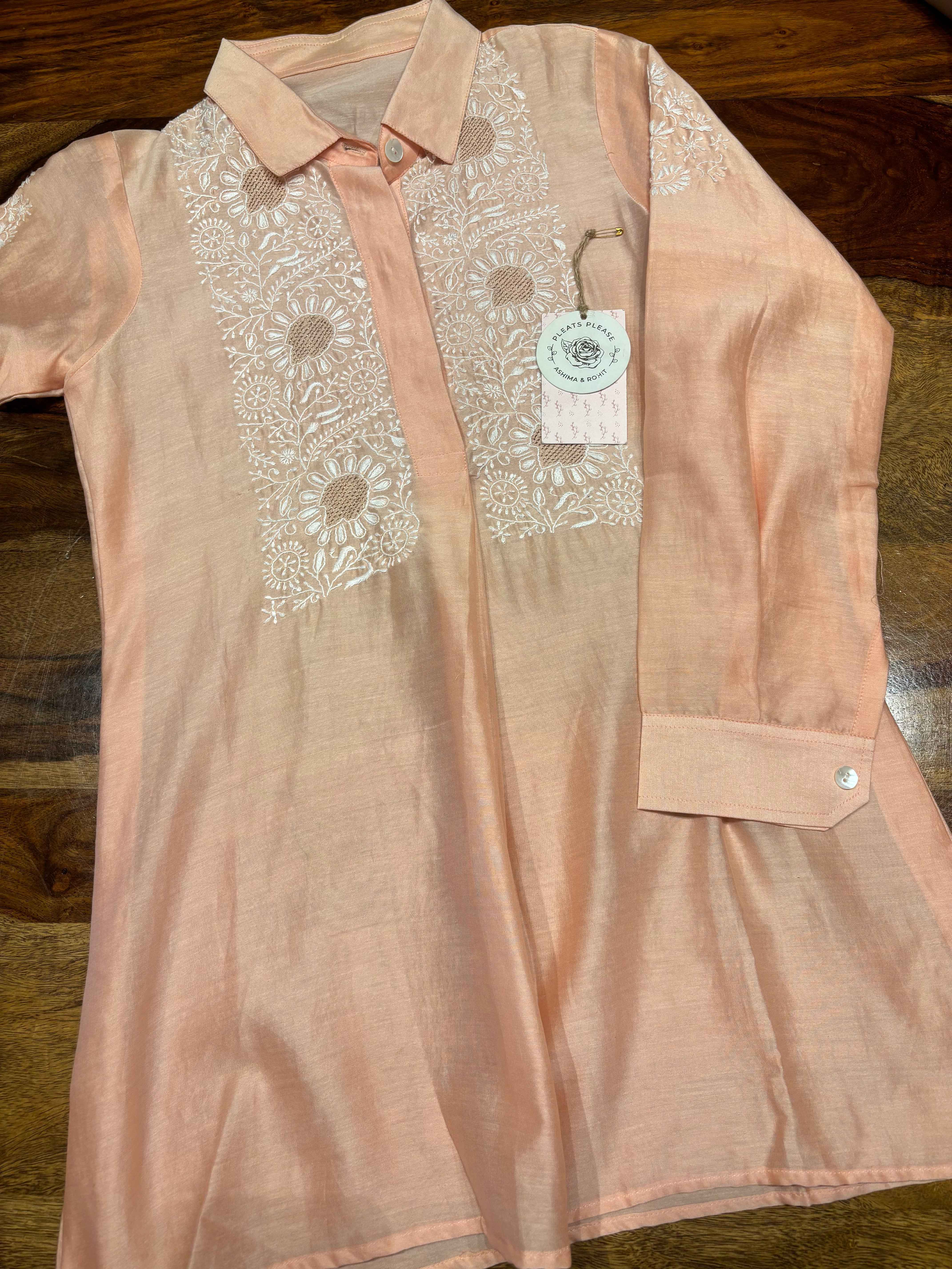 Peach Chanderi Silk Chikankari Shirt - Pleats PleaseChikankari