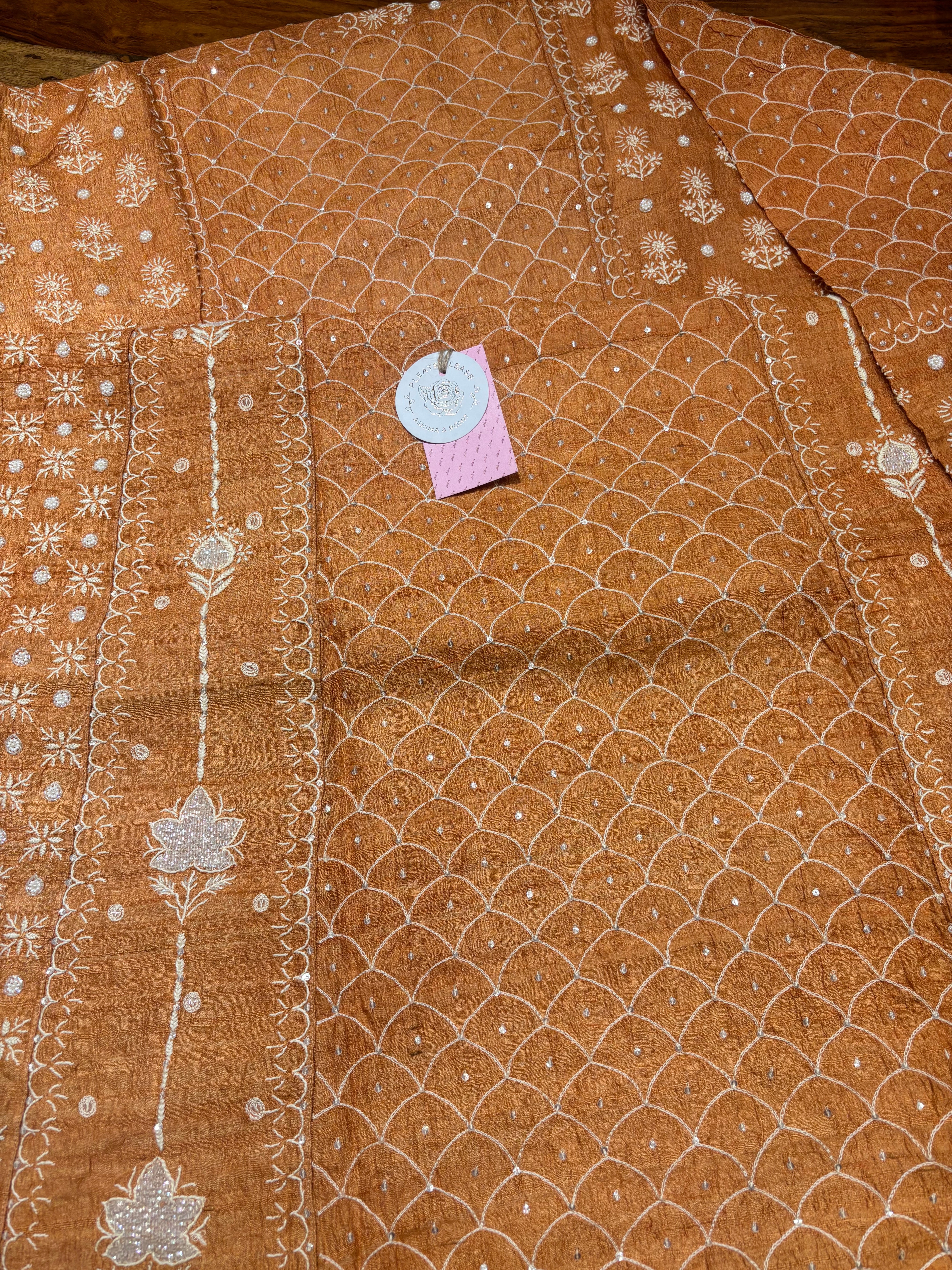 Burnt Orange Pure & Premium Tussar Silk Chikankari Anarkali & Dupatta Set