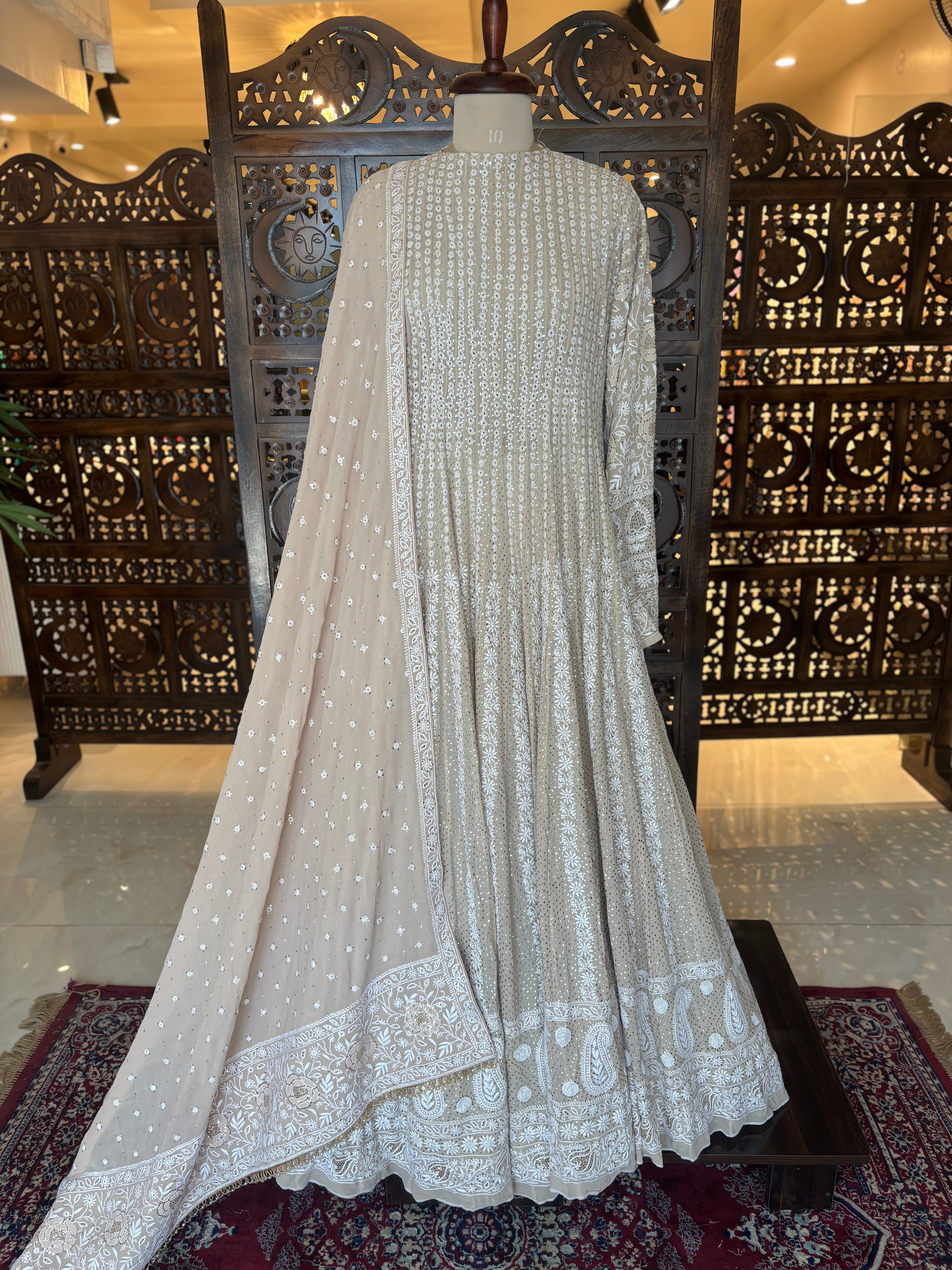 Champagne Beige Pure And Premium Georgette Mukaish Chikankari Heavy Flared Anarkali