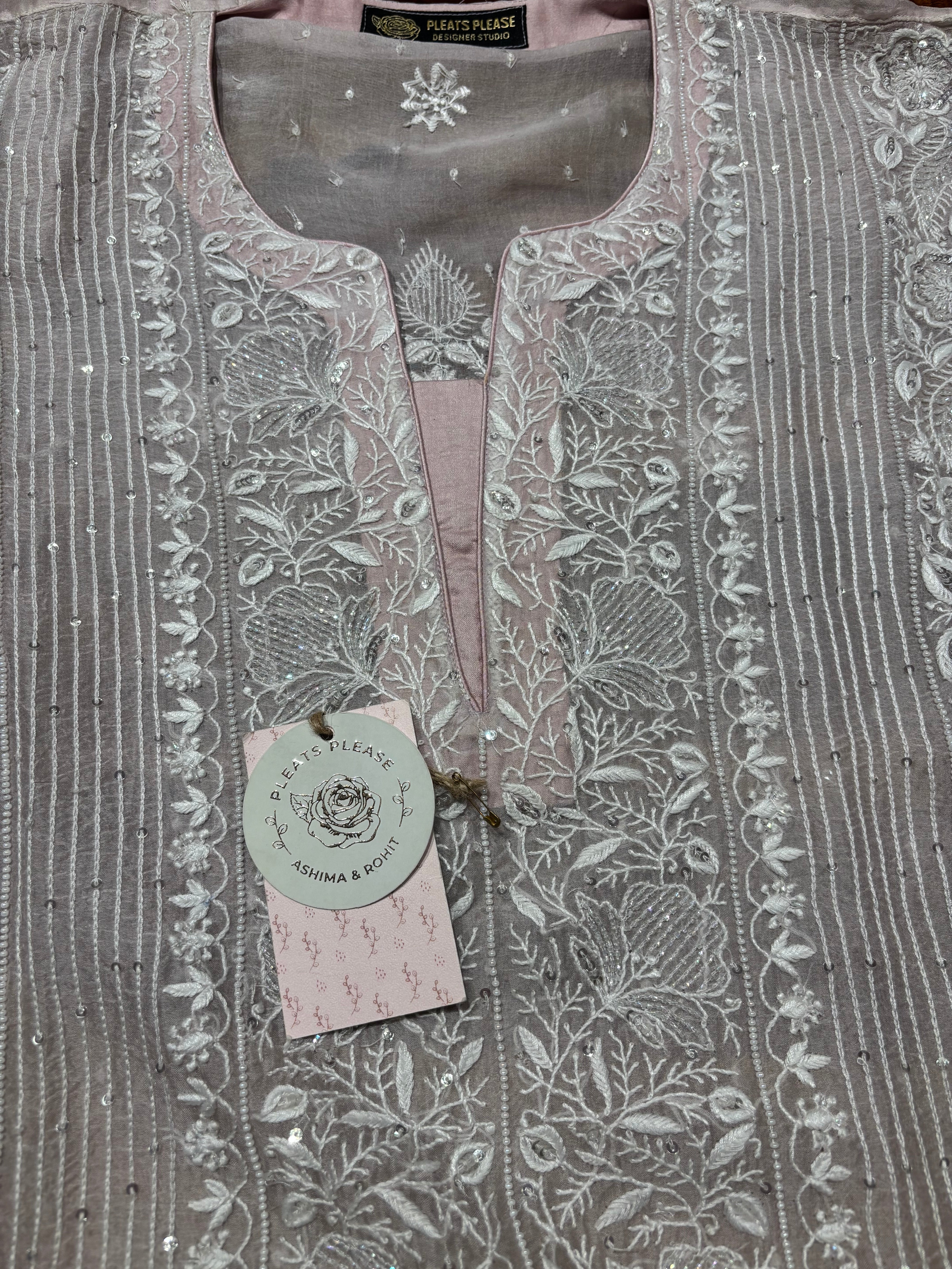 Pink Ombre Pure And Premium Organza Silk Chikankari Kurta And Dupatta Set