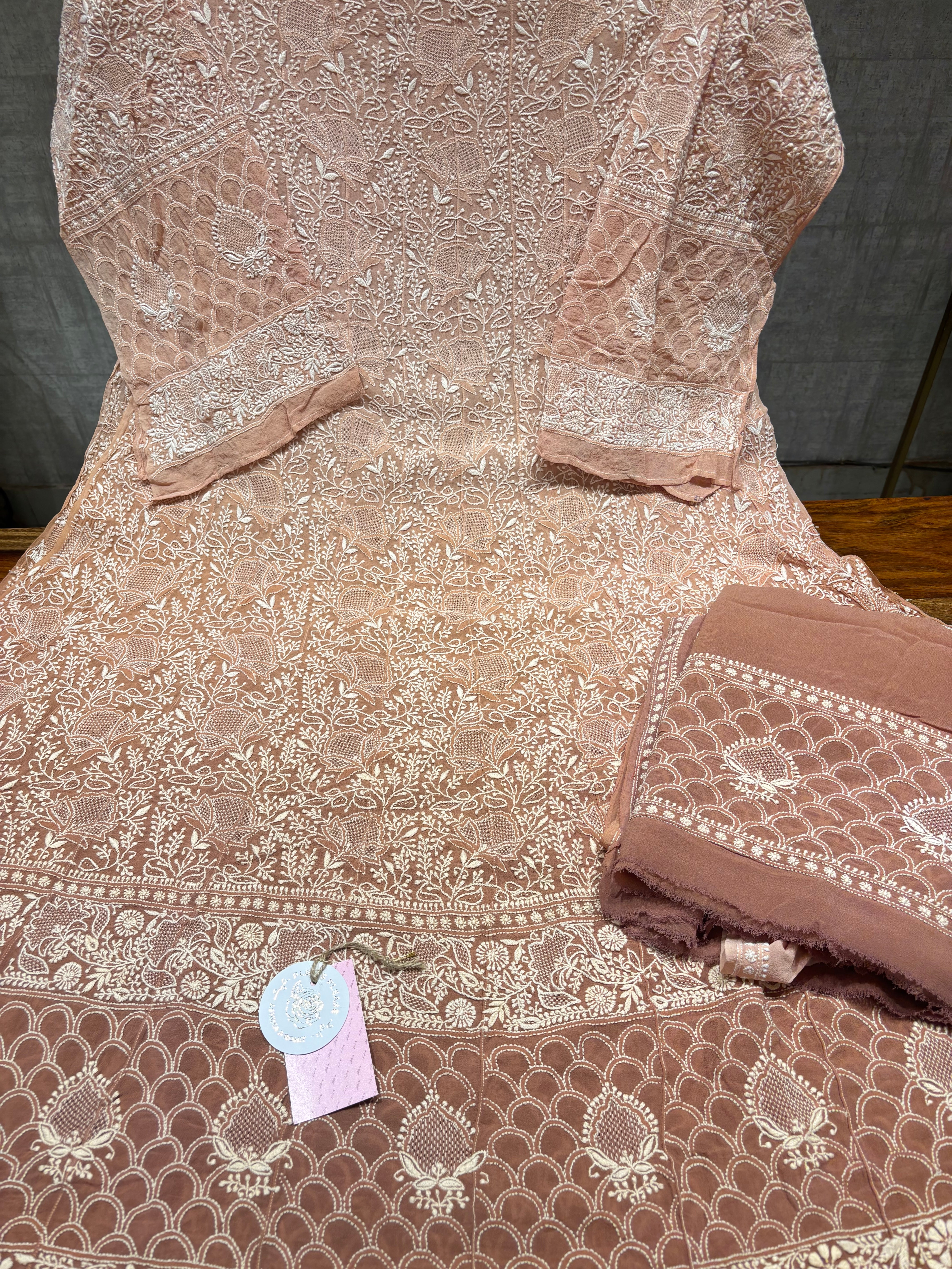 Brown Ombre Pure & Premium Georgette Chikankari Anarkali & Dupatta Set