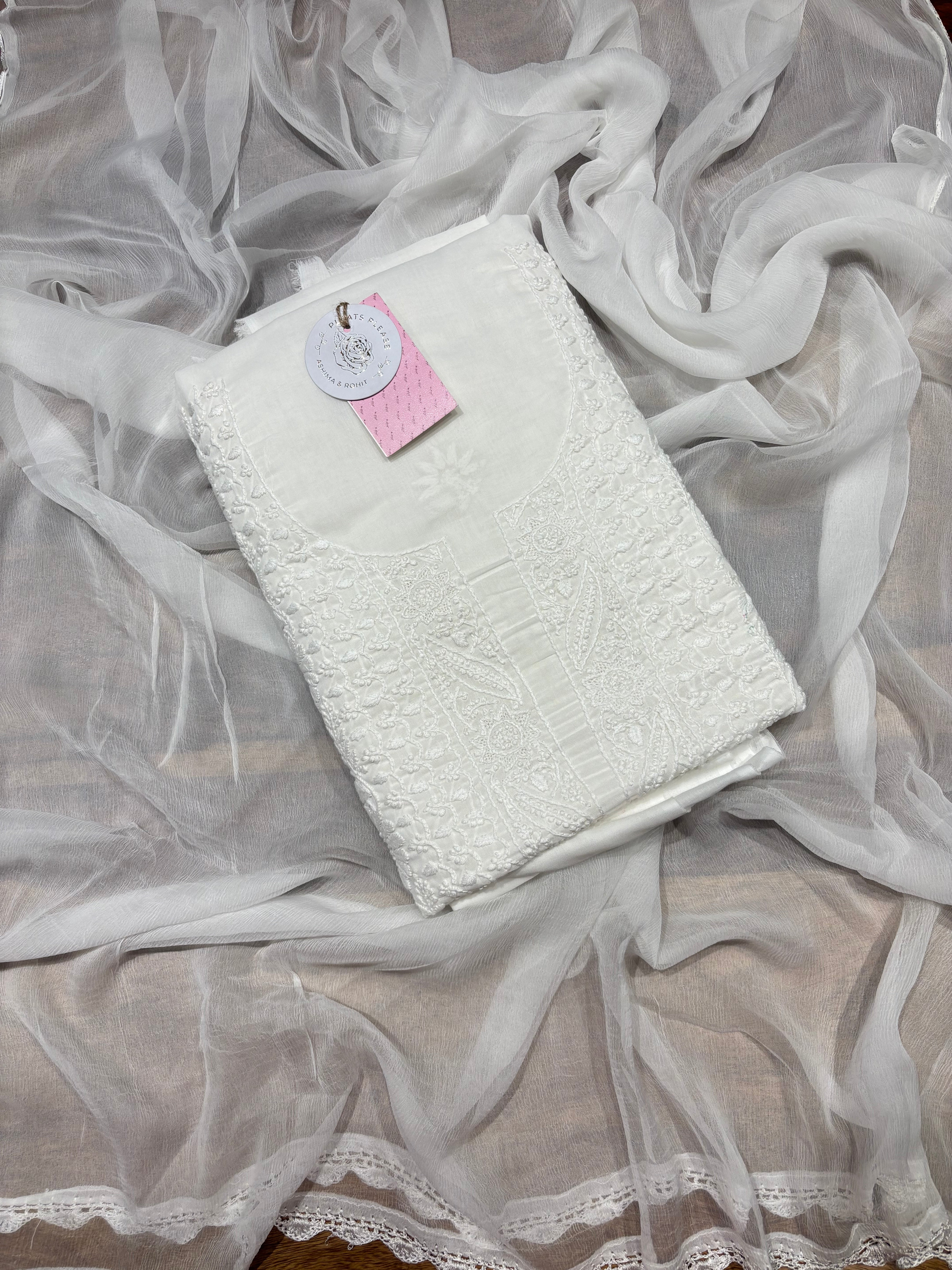 Dyeable Mulmul Chikankari Kurta, Dupatta & Bottom Fabric