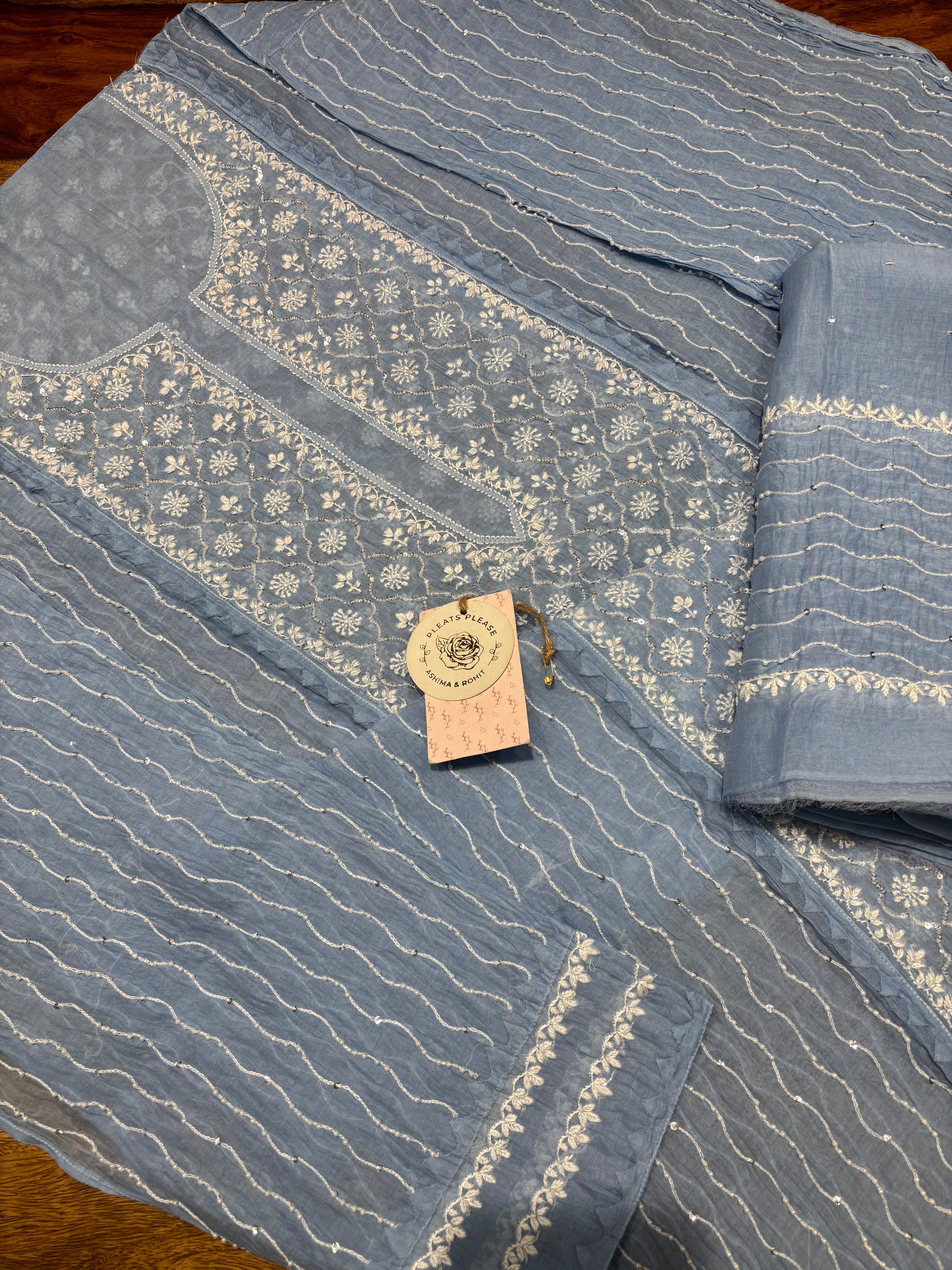 Powder Blue Chanderi Mul Chikankari Kurta & Dupatta Set