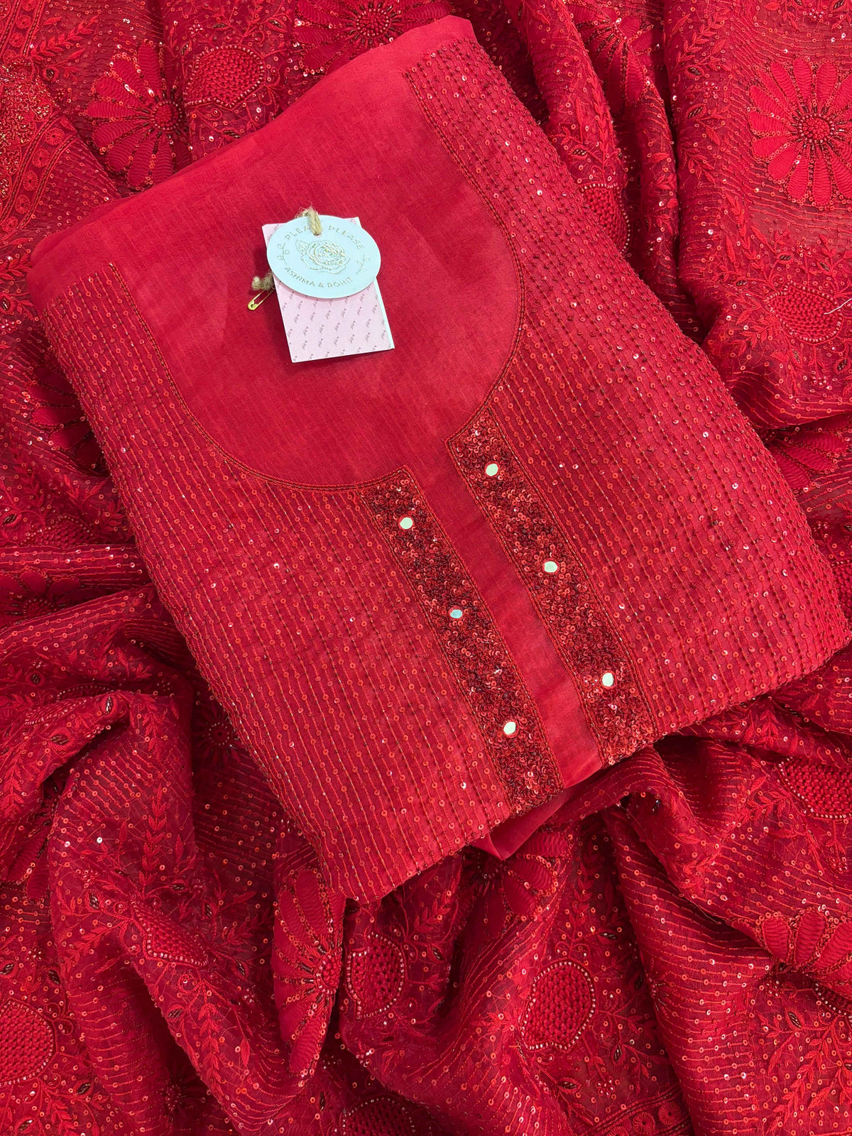 Red Pure & Premium Organza Chikankari Kurta & Dupatta