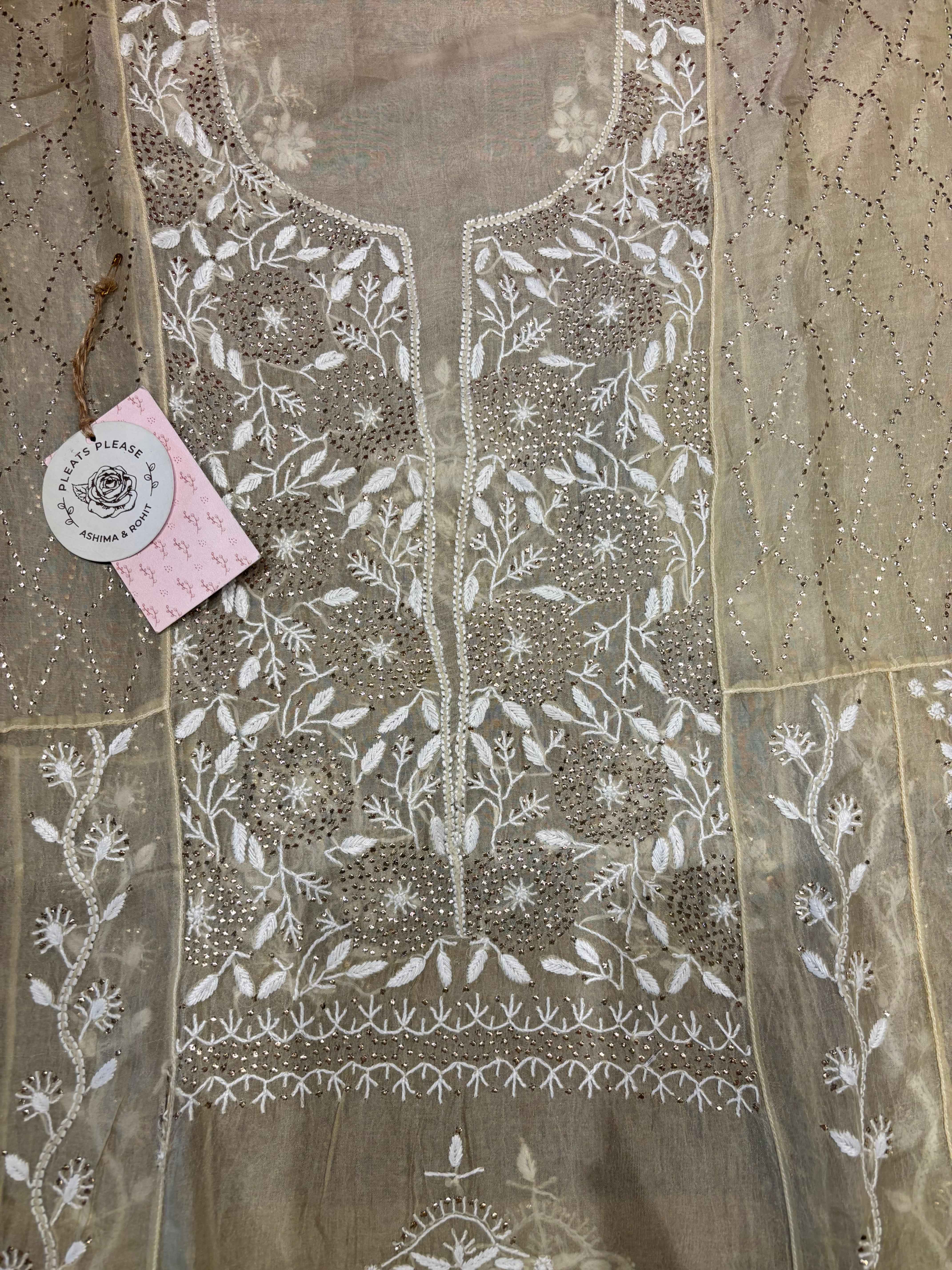 Golden Organza chikankari Anarkali and dupatta - Pleats PleaseChikankari
