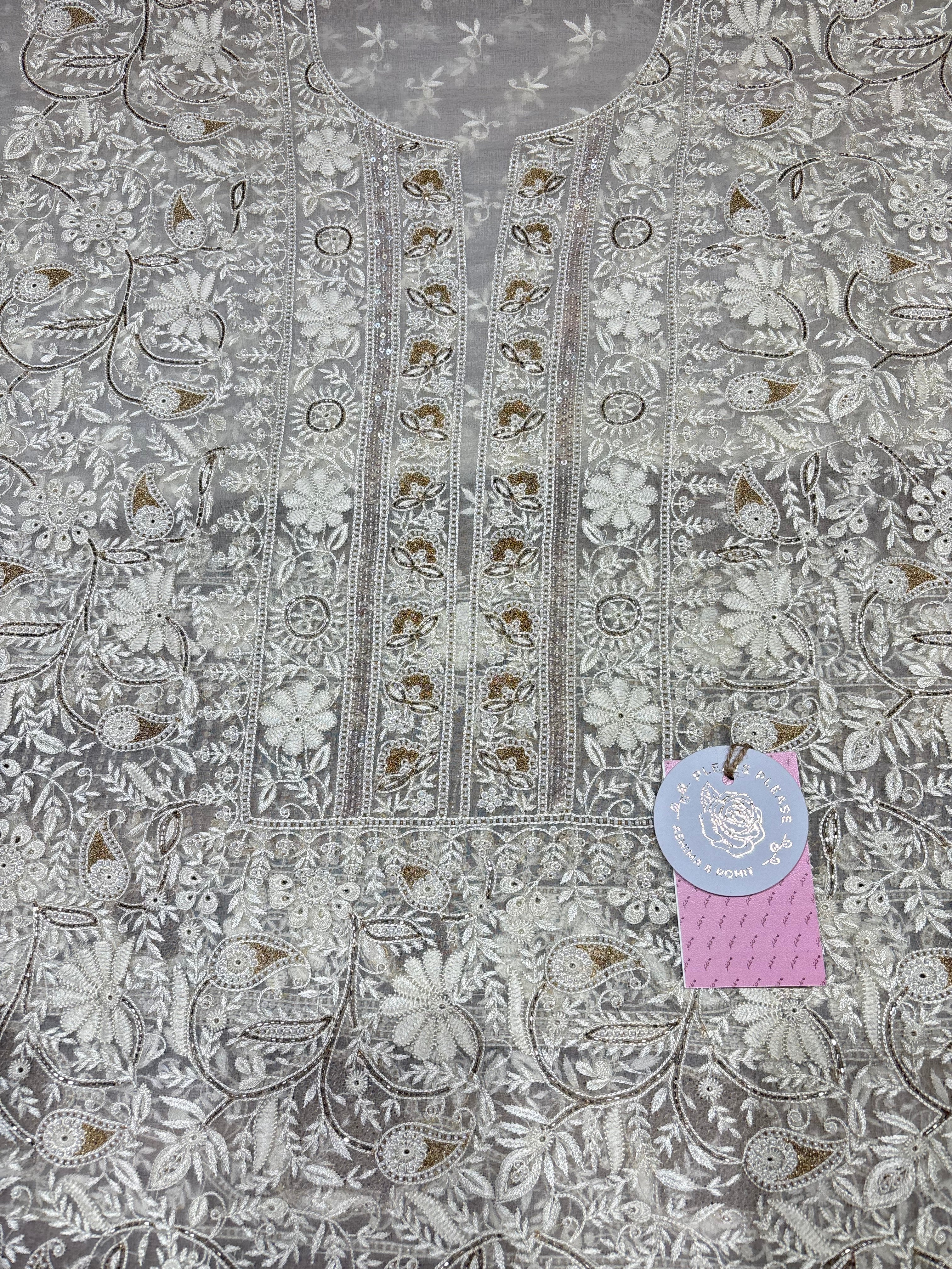 Ivory Pure & Premium Organza Silk Chikankari Kurta & Dupatta Fabric