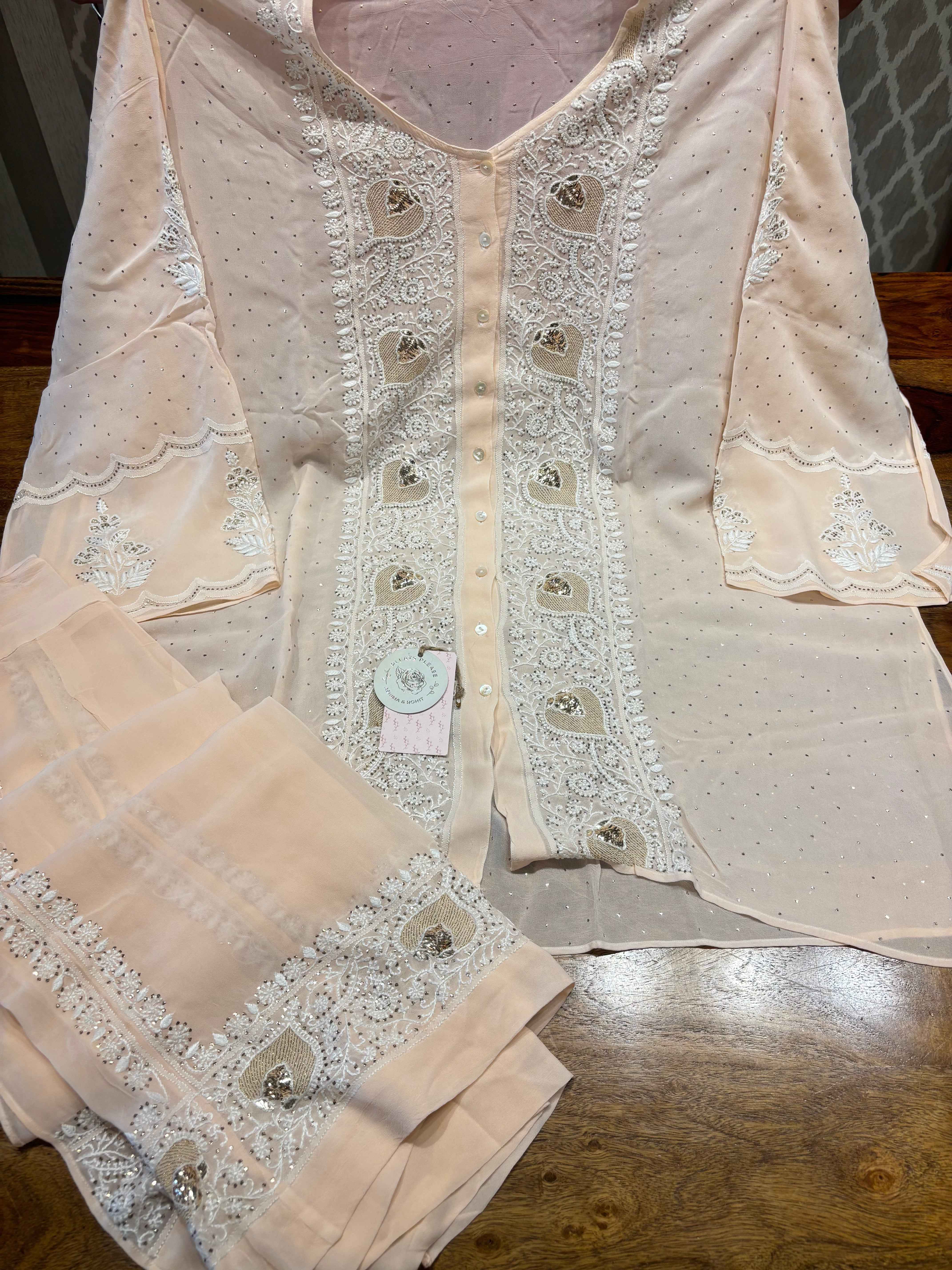 Peach Pure And Premium Georgette Chikankari Co-ord Set - Pleats PleaseChikankari