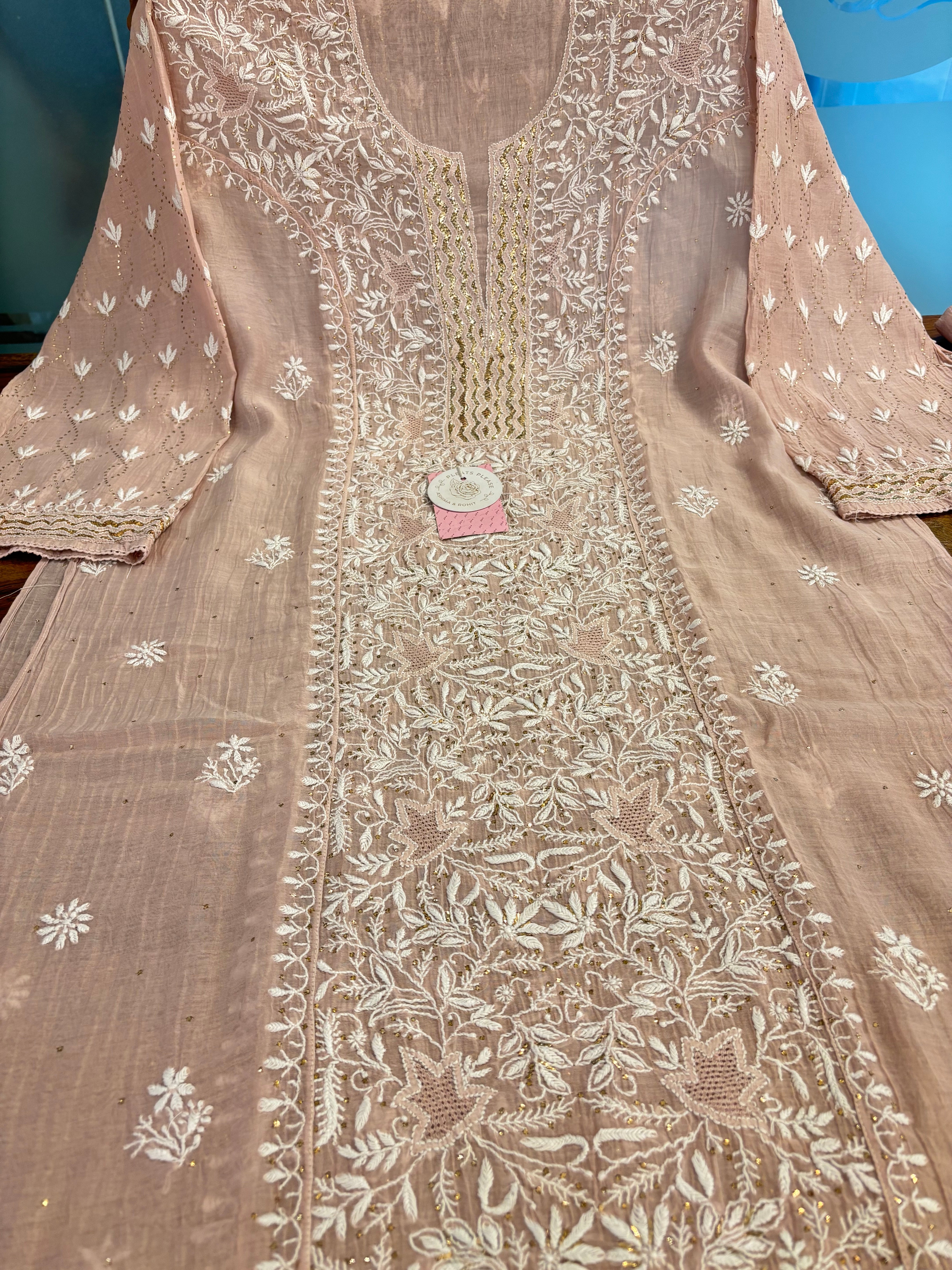 Peachy Rose Chanderi Mul Mukaish & Chikankari Kurta & Dupatta