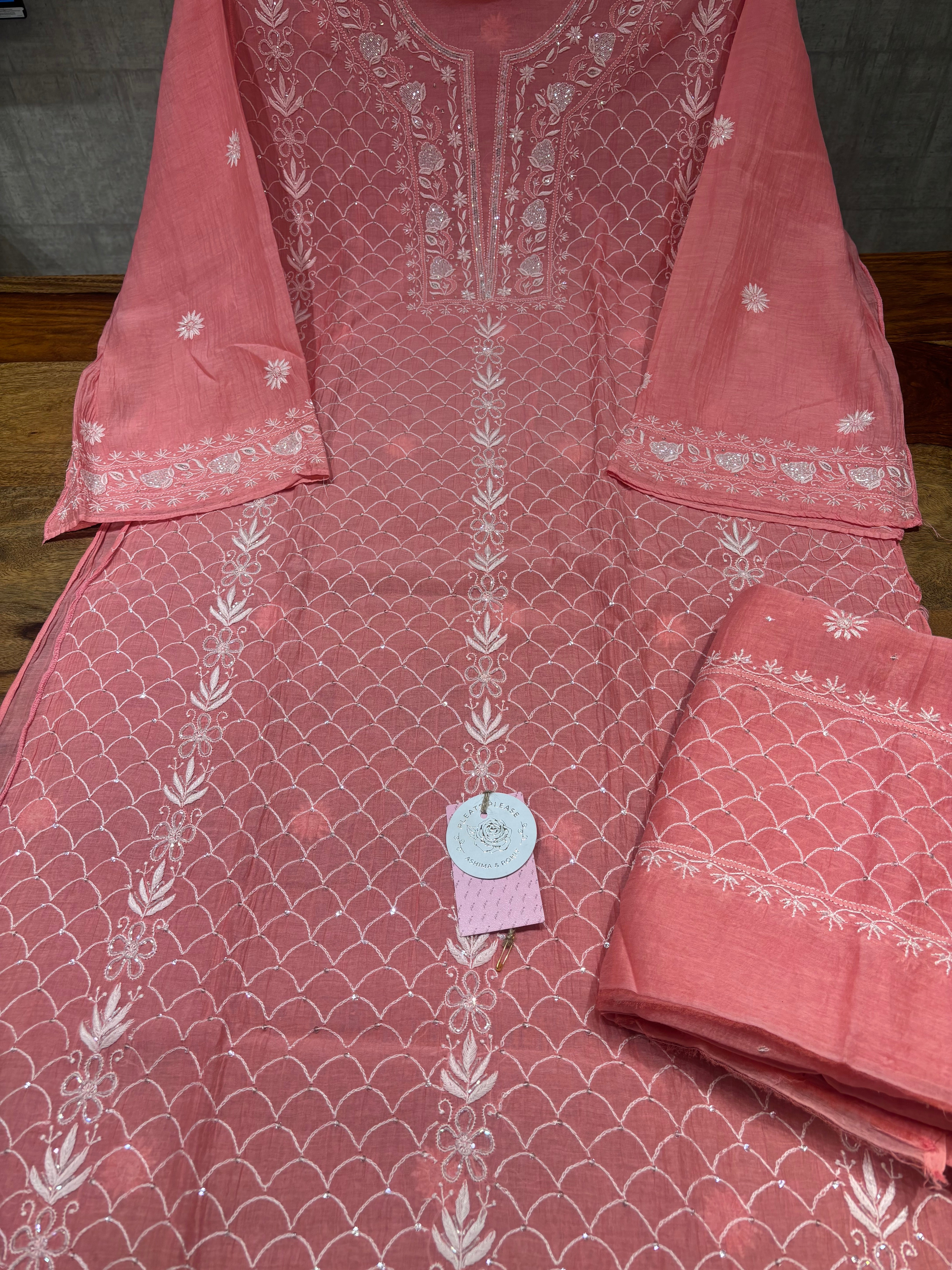 Coral Pink Chanderi Mul Chikankari Kurta & Dupatta Set