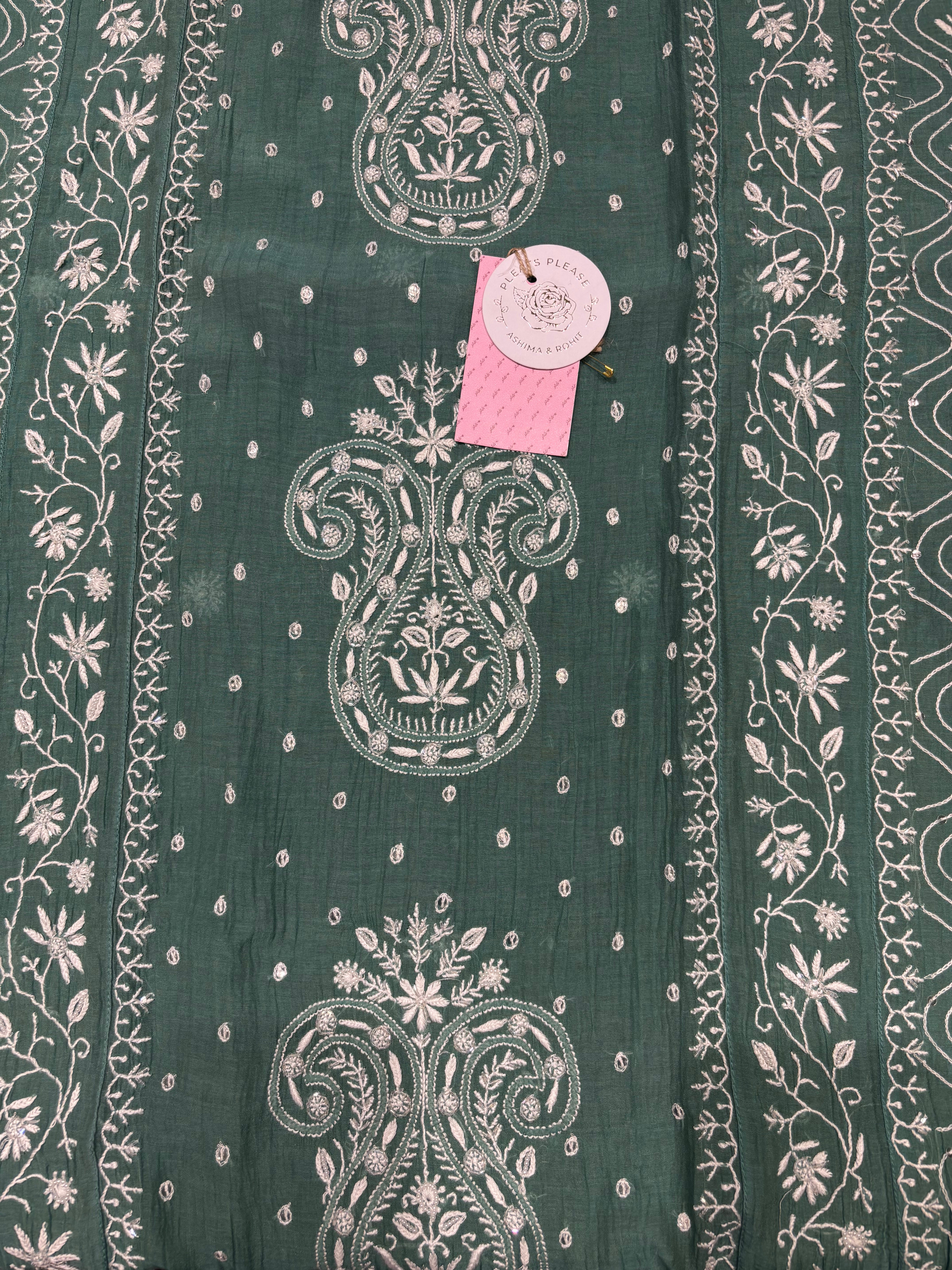 Clover Green Chanderi Mul Chikankari Kurta & Dupatta set