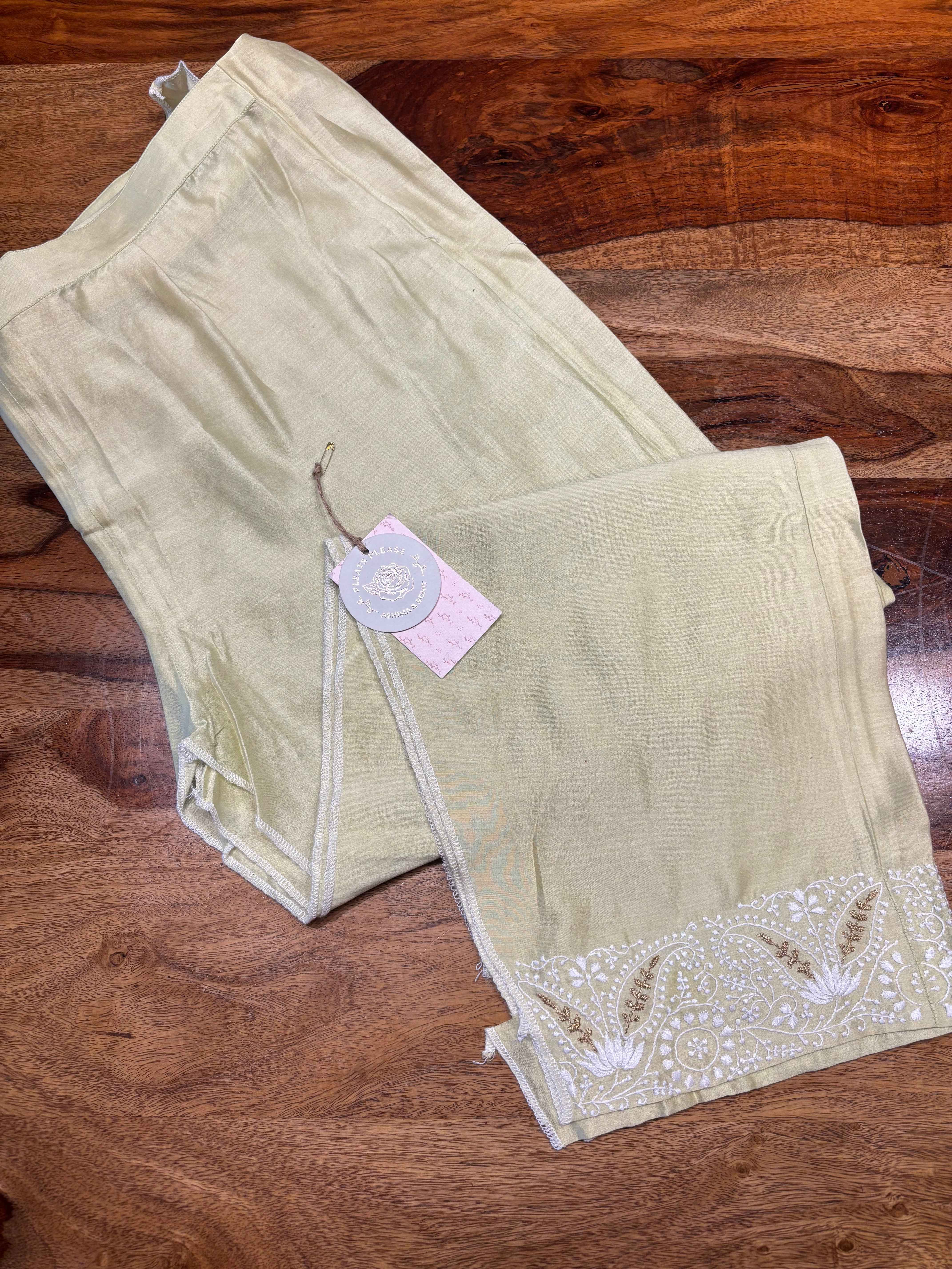 Pistachio Green Chanderi Silk chikankari Co-ord Set - Pleats PleaseChikankari