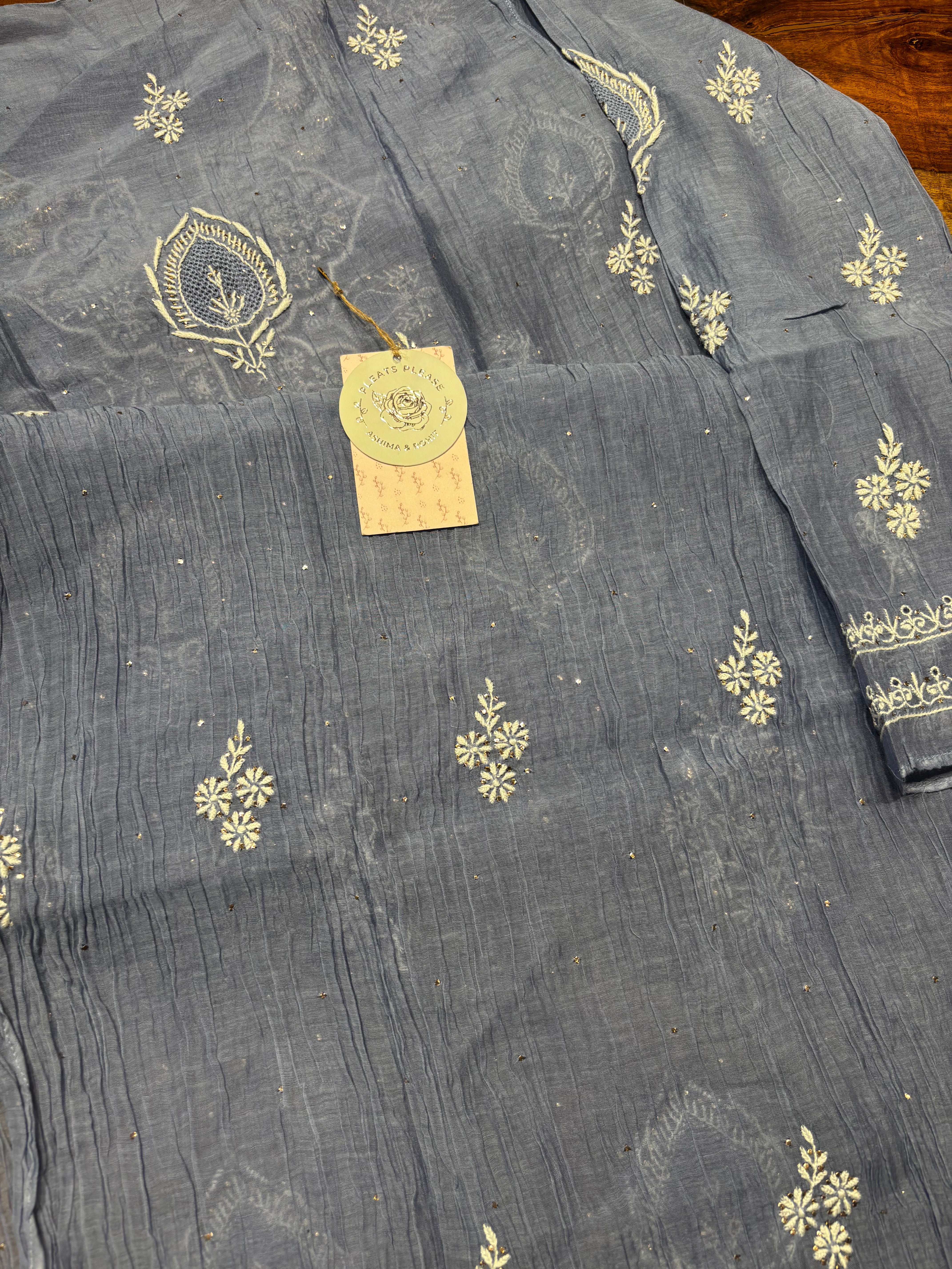 Blue Chanderi Mul Chikankari & Mukaish Kurta and Dupatta set