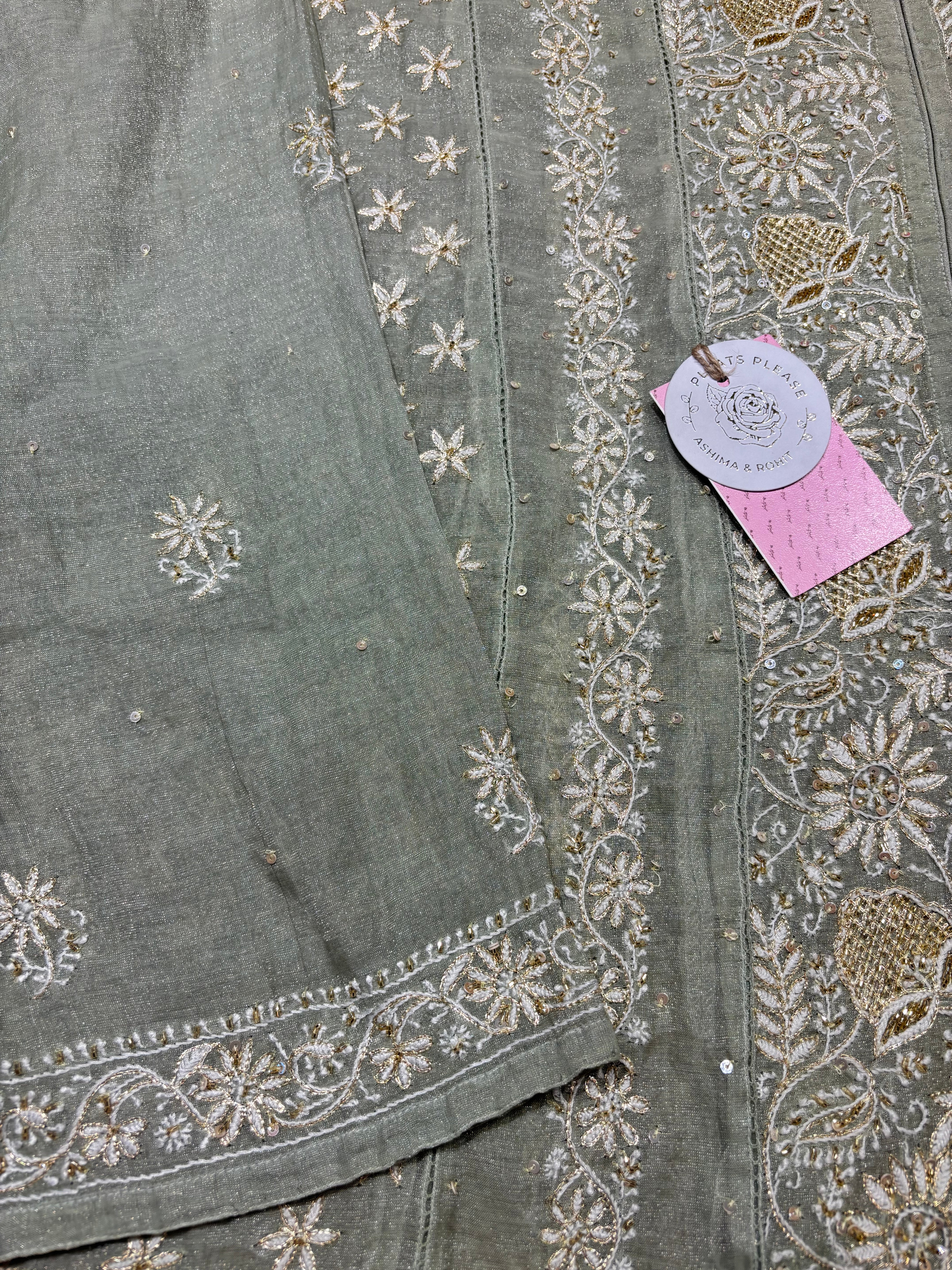 Sage Green Pure & Premium Tissue Chikankari Kalidar Kurta & Dupatta Set