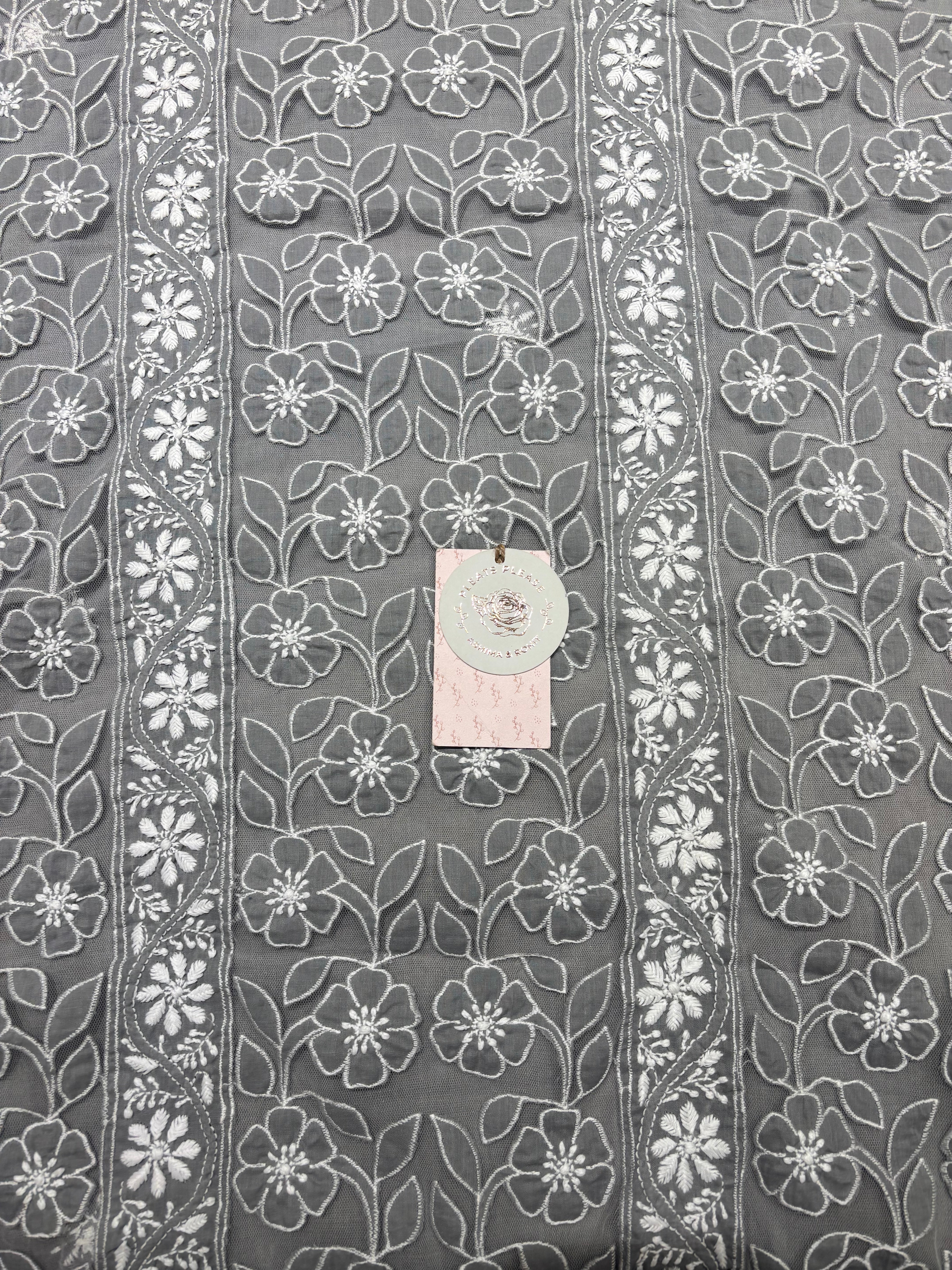 Gray Mulmul Soft Net Chikankari Applique Kurta And Dupatta Fabric