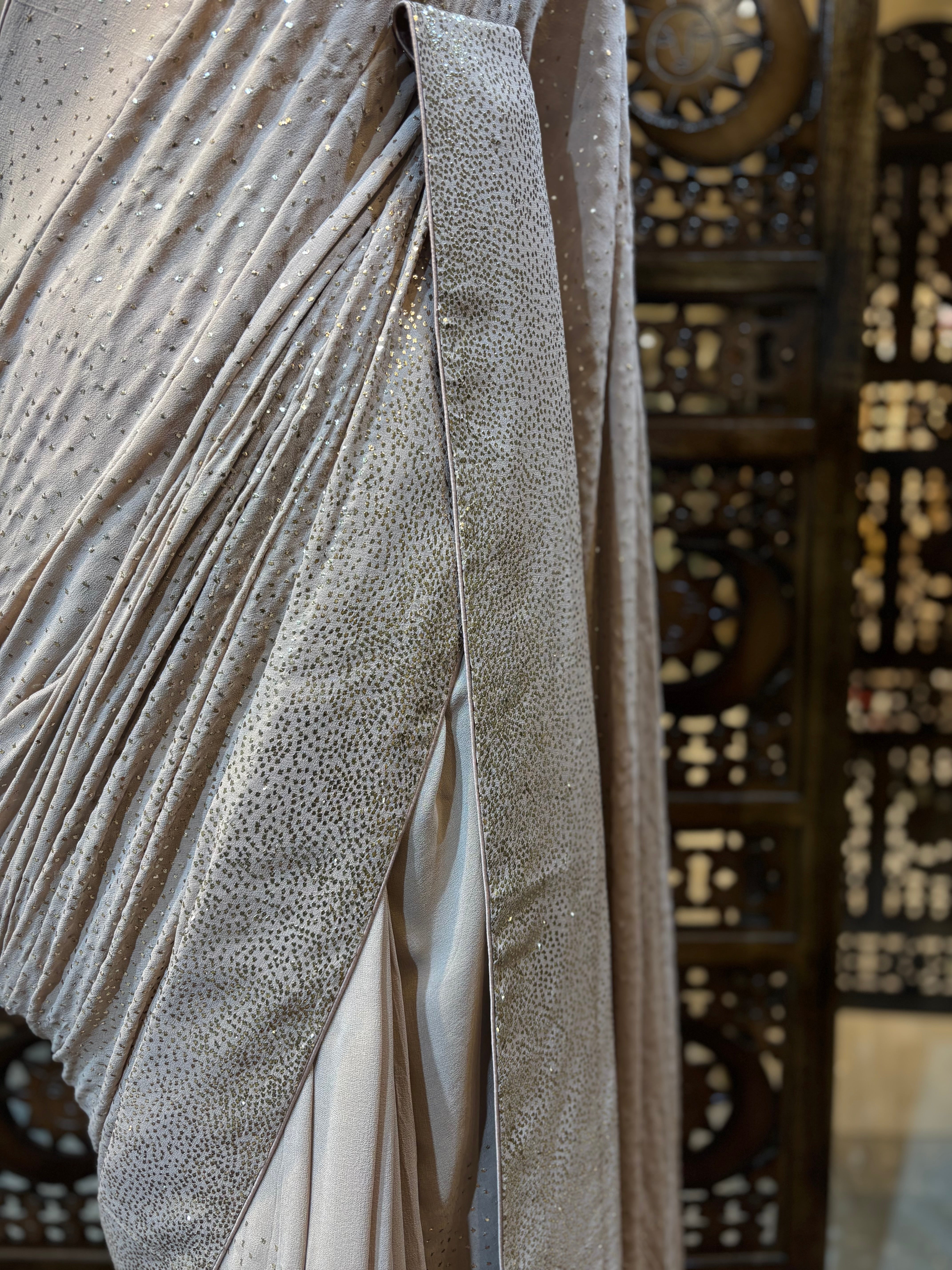 Brown Pure & Premium Georgette Mukaish Saree & Blouse - Pleats PleaseChikankari