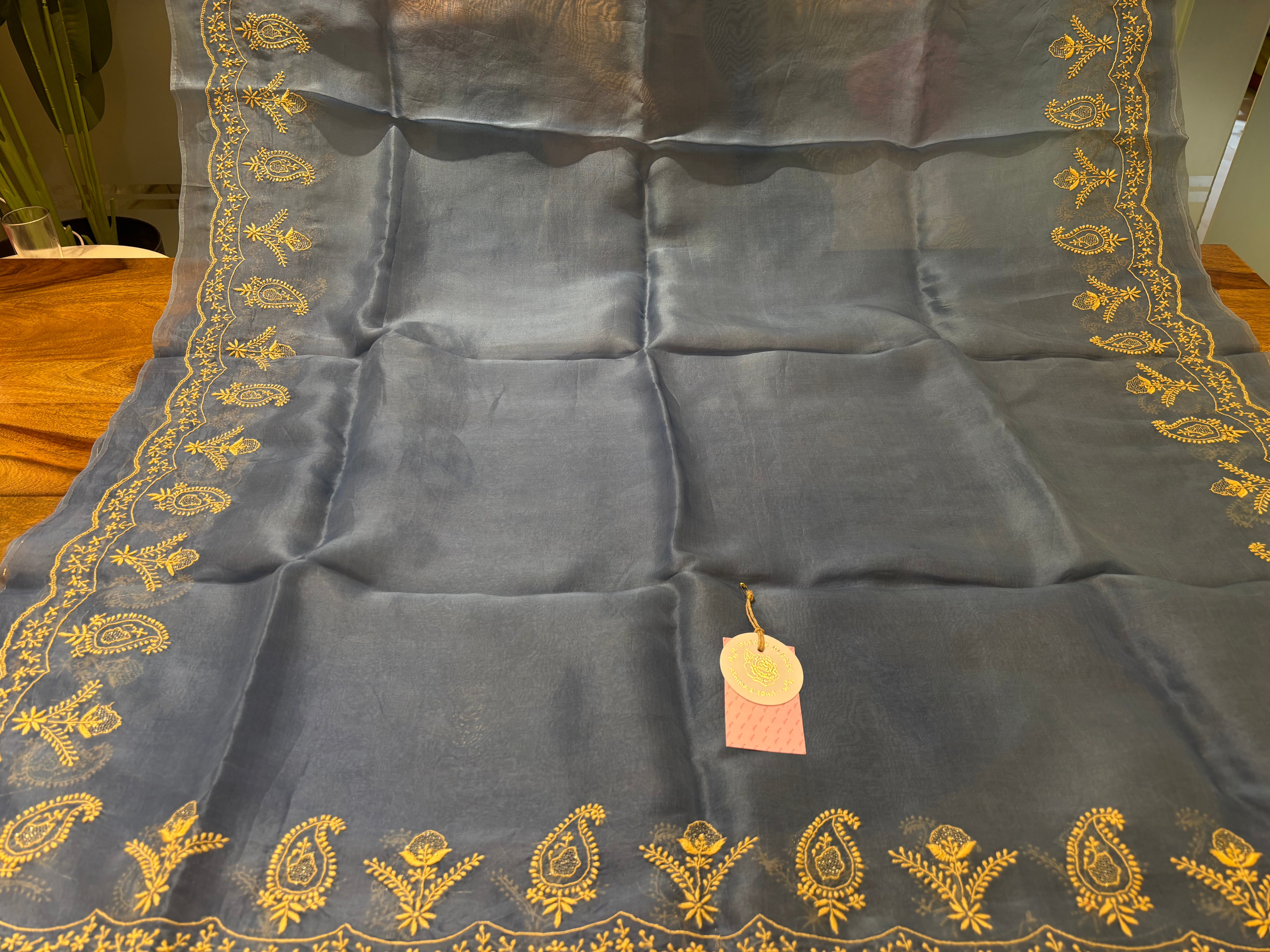 Steel Blue Chanderi Silk Chikankari Kurta & Organza Dupatta With Bottom