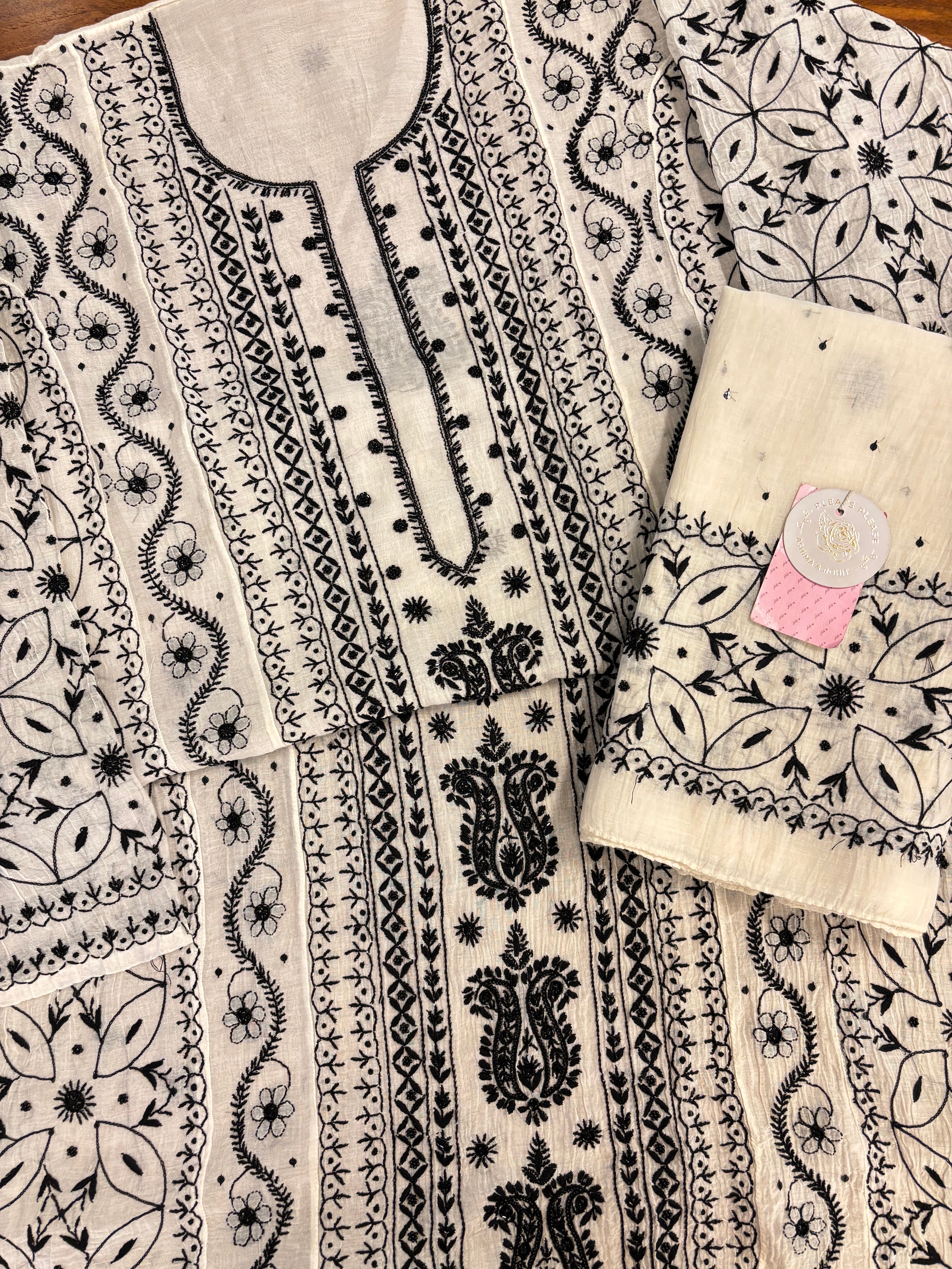 Dyeable Pure Chanderi Mul Chikankari Kurta & Dupatta